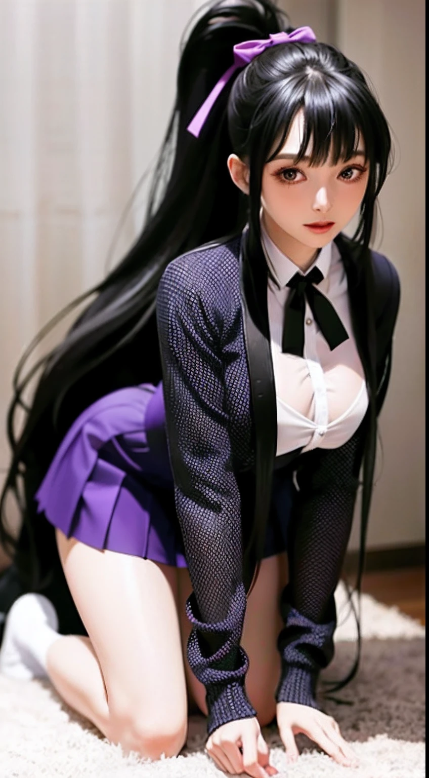 masterpiece, best quality, ultra-detailed, hires, beautiful, detailed hair and eyes,
1girl, black hair, long hair, smile, ponytail, ribbon, breasts, large breasts, hair ribbon, very long hair, himejima akeno dxd, puple eyes,
school uniform, skirt, white shirt, purple skirt, (dxd clothes:1.53),
full body, kneeling,