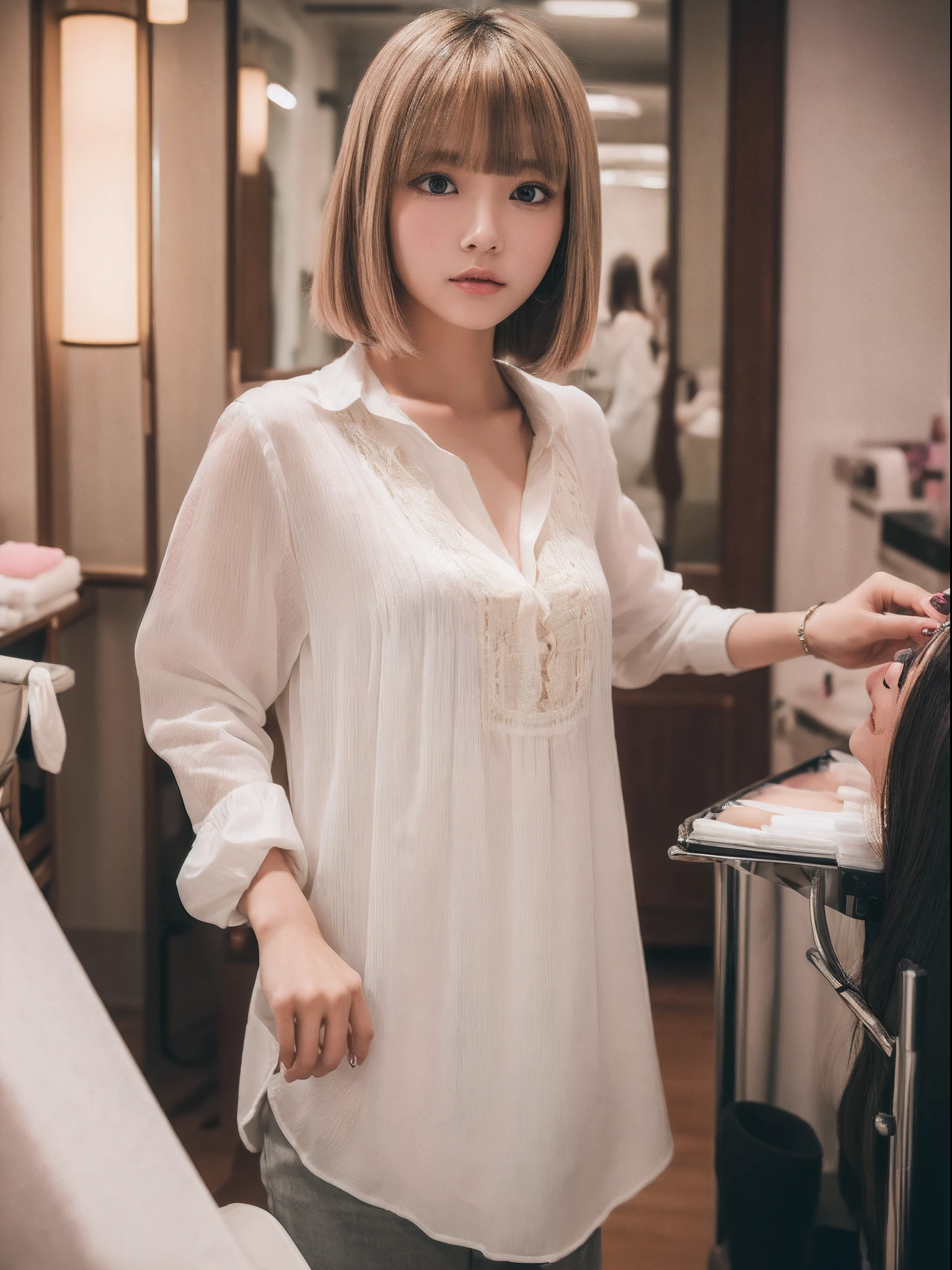 the Extremely Detailed CG Unity 8K Wallpapers、top-quality、ultra-detailliert、masterpiece、studio shoot、Full body portrait、beautician、(White Shirt Blouse:1.4), realisitic、Photo Real、extremely detailed cute girl、独奏、20yr old、japanes、Melancholy look, (Against the background of the interior of the beauty salon:1.5), Blonde and pink multicolored hair color, Long bob cut, thick bangs、out of focus、blur、