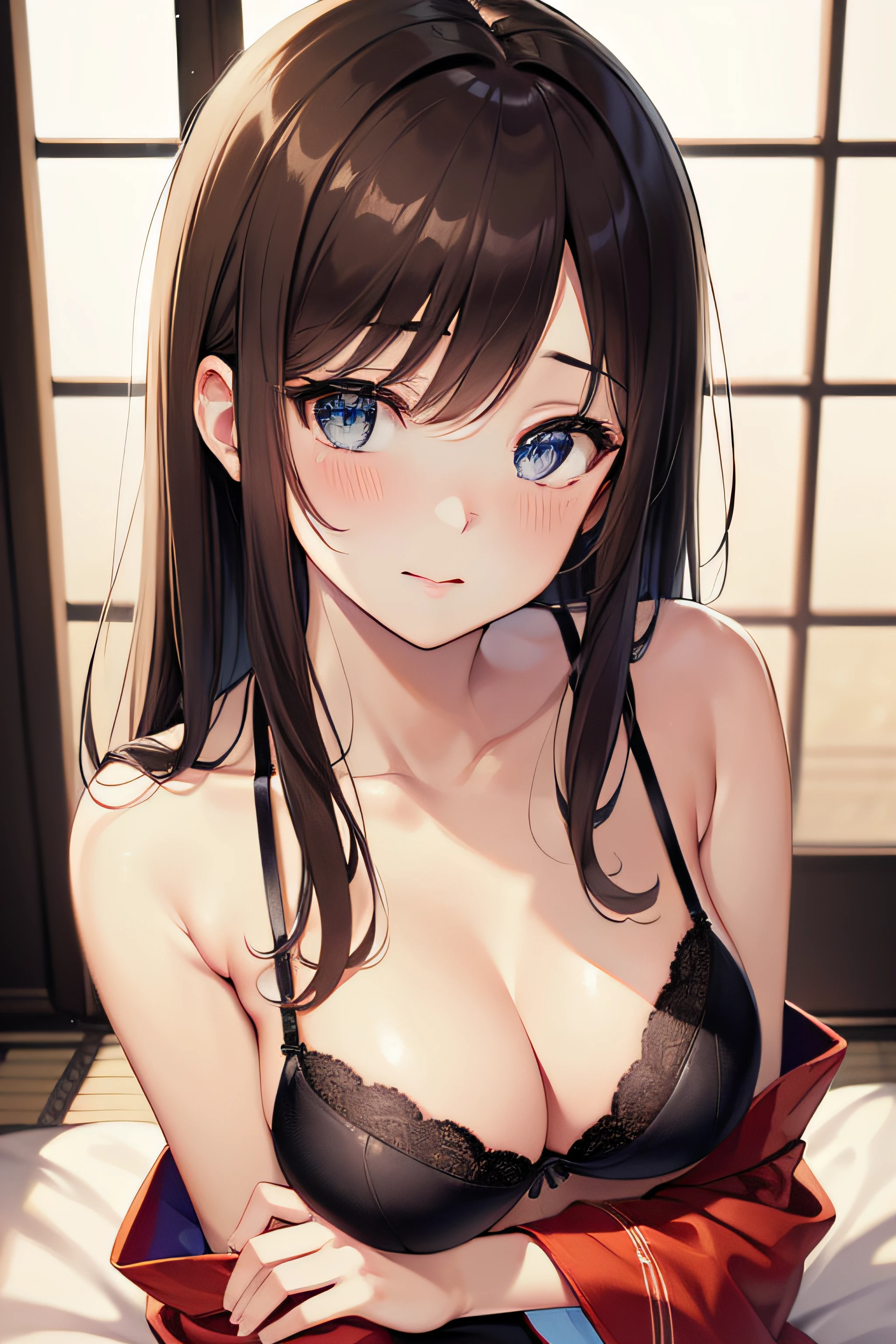 (((masterpiece, best quality, highres, UHD, perfect pixel, depth of field))), 1girl, single, solo, beautiful anime girl, beautiful artstyle, anime character, ((long hair, bangs, dark brown hair)), ((show armpit)), (((brown eyes:1.5, sparkling eyes))), ((beautiful eyes, detailed eyes, extremely detailed eyes, detailed face, blushing:1.2)), ((smooth texture:0.8, realistic:0.5)), ((medium breasts, cleavage)), sitting on the bed, dynamic angle, busty, perfect body, ((close up, POV)), ((bra:1.2, kimono, japanese kimono)), sleepy, natural light, looking at viewer