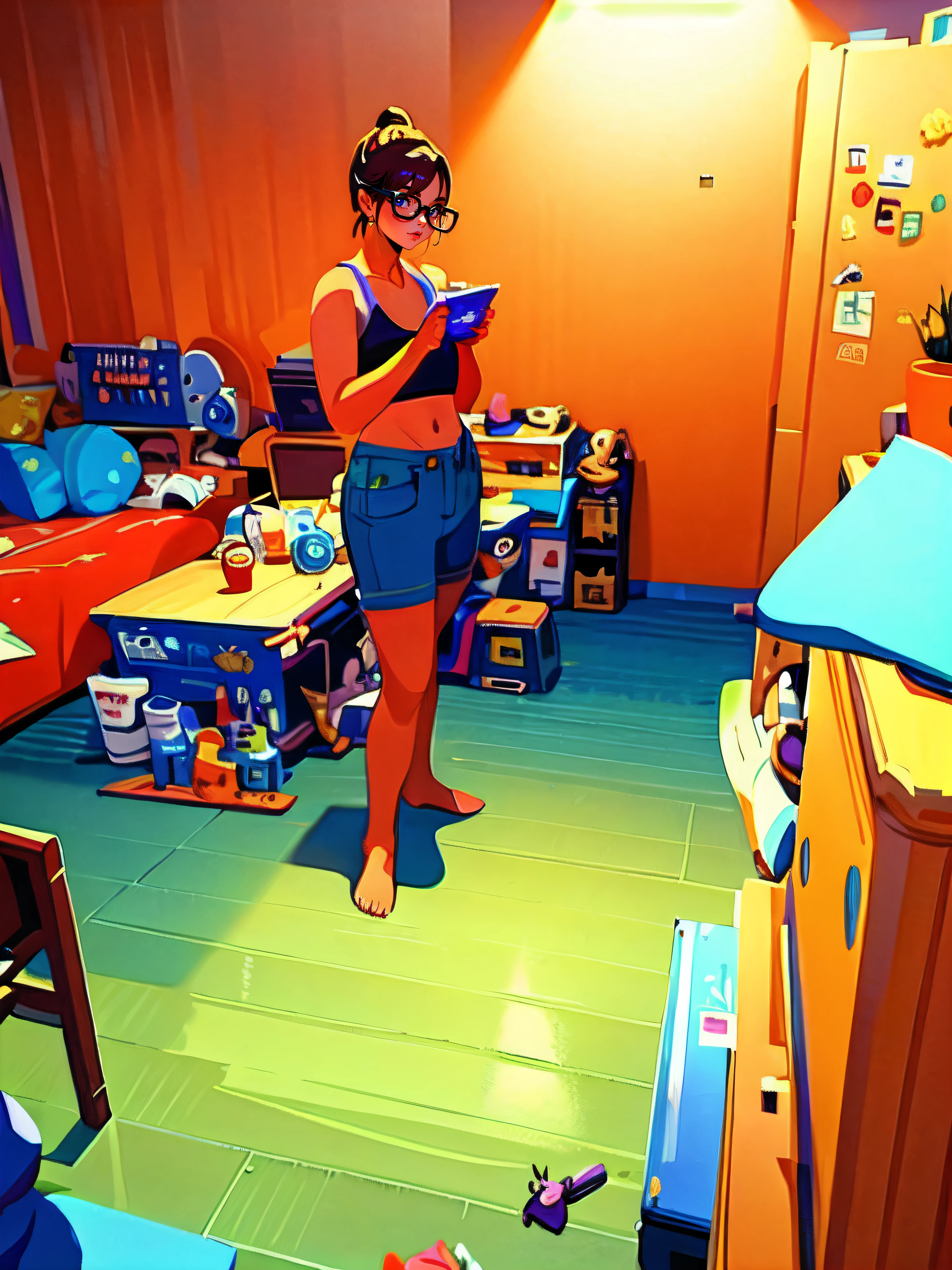 There was a woman standing in the room，Mobile phone in hand,  Wear a sports bra and denim shorts，busty figure，White skin of the，Wearing glasses，Full body picture, in the bedroom at a sleepover, Full body cute，Young Lady, 2 9 , very accurate photo
