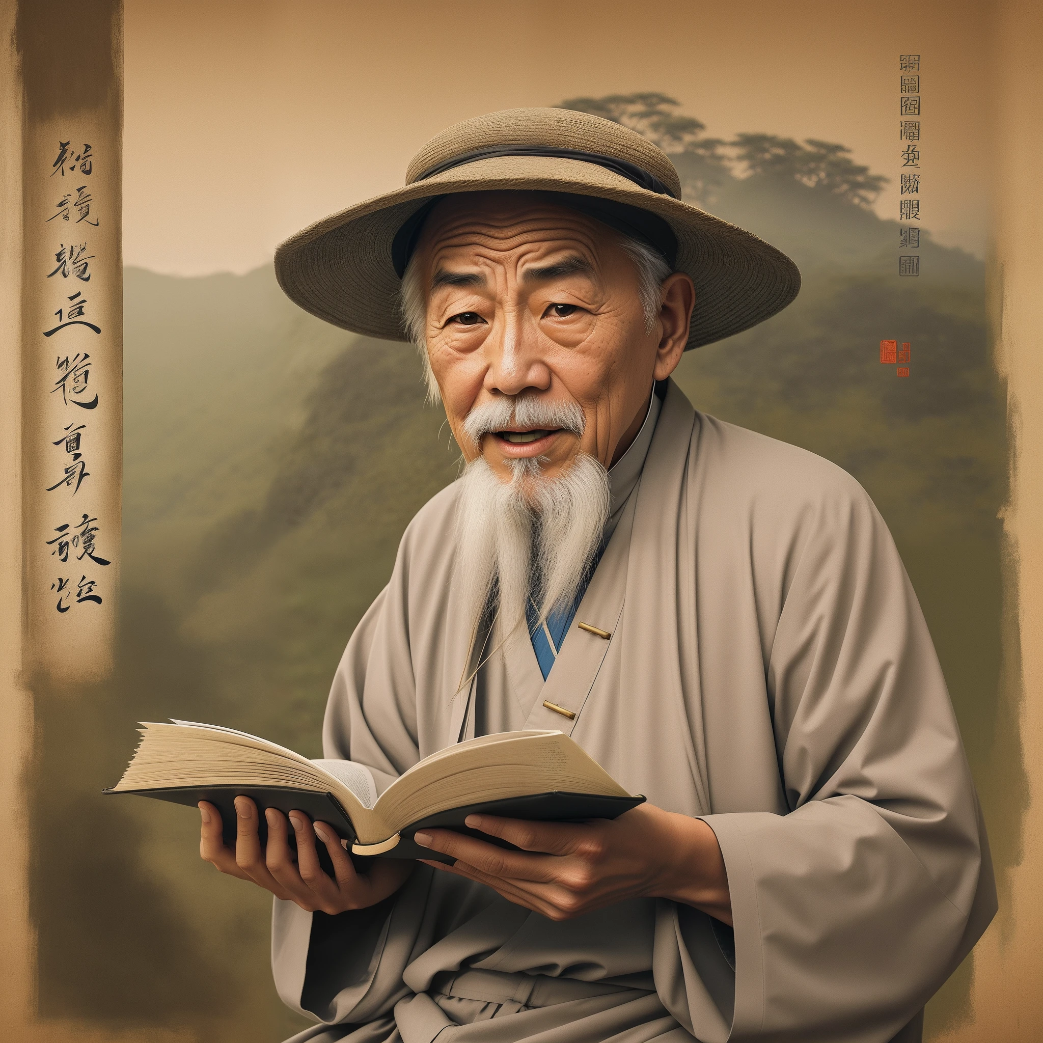 Create an old Chinese man holding a book in his hand. Pintura.