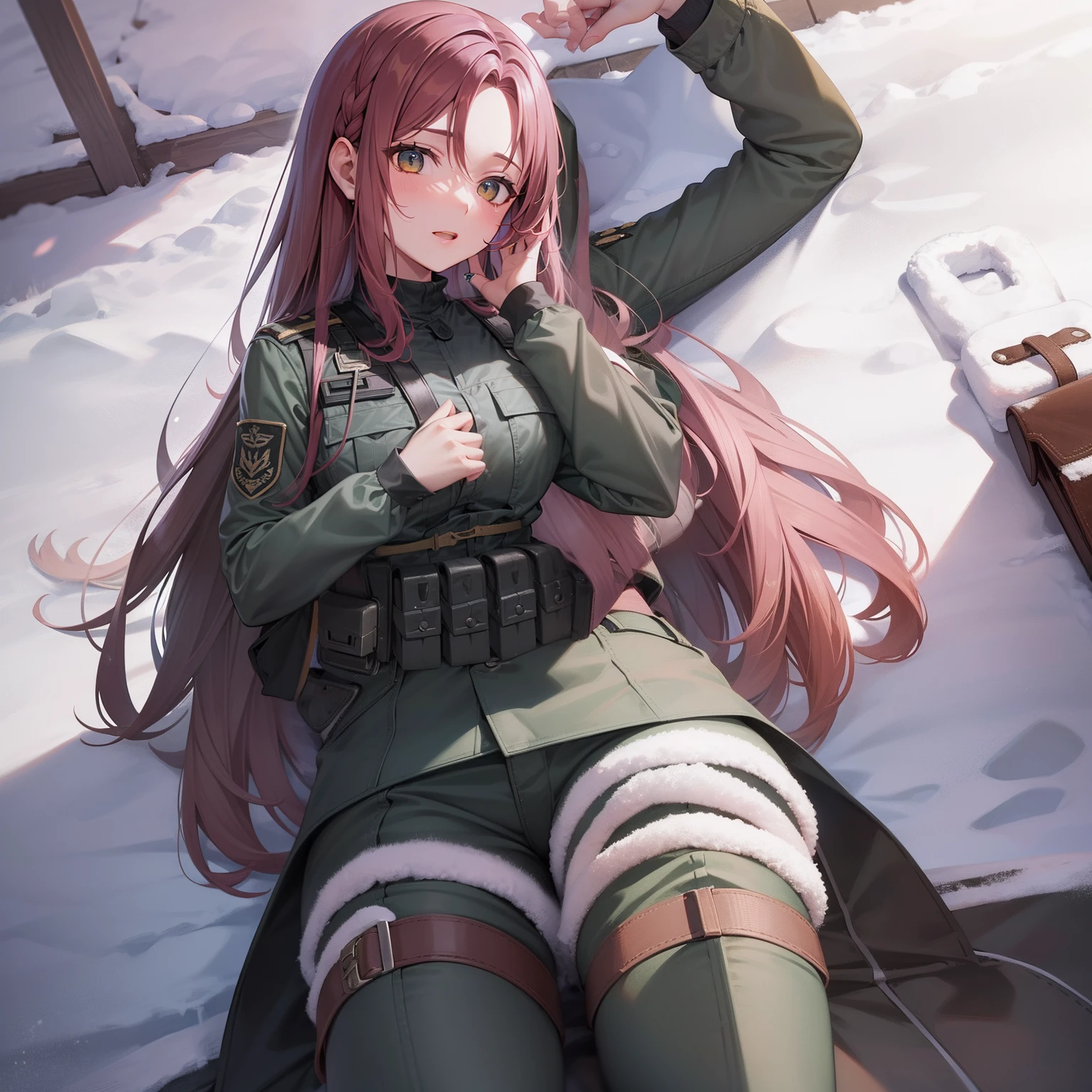 Perspective from above, laying in snow, blizzard, covered in snow, picture taken from above, laying on snowy ground, laying down, green military uniform, pants