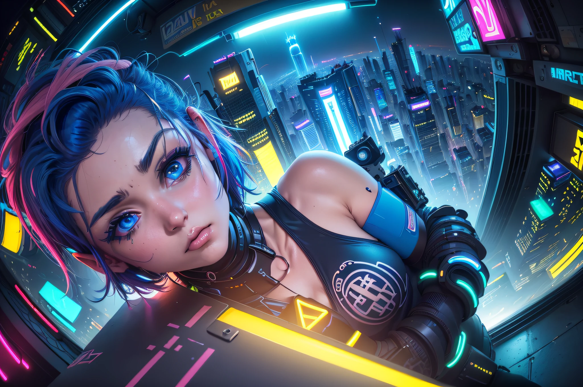 (master part, 4k ,ultra detalhado:1.2),(anime:1.2),(Realistic:1),air shot,(Fisheye:1.2), (Landscape,ao ar livre,Noite,Meia-noite,Cyberpunk,Telhado,heaven:1.2),(highrise,Cityscape:1.4), (neon sign,Azul Neon,rosa neon,Yellow neon:1.4), (short hair:1.2),(Supermodelo:1.4)