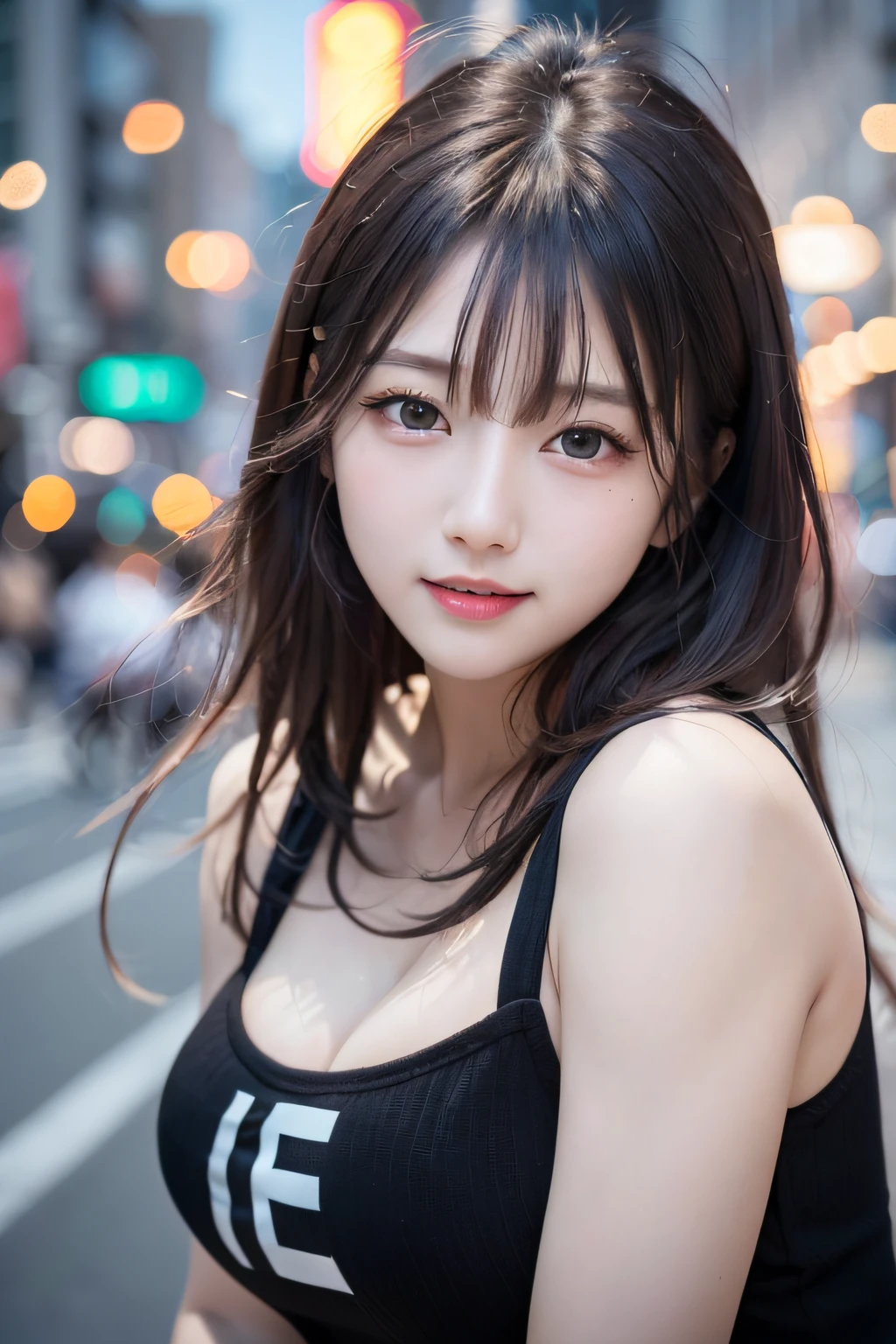 (8K、Raw photography、超A high resolution、top-quality、​masterpiece:1.2)、(realistic illustration)、(Highly detailed CG unified 8K dendenden wallpaper)、absurderes、 1 girl in、21years old、beautiful countenance、Medium chest、Black medium hair、A smile、Tilting head、s Office、The upper part of the body、乃木坂アイドル、女優、韓国アイドル,Hair is black。cheeks are slightly pink。Transparent skin。A smile that makes you feel innocent。Sweating。 Her eyes with、Illuminated by soft light。A smile。Laughing。Wearing a sports tank top。sportswear。narrow her eyes。Her skin is shiny and shiny、Glossy、Bring out the beauty of the city at night。Loose long hairstyle tied at the back。(makeups:0.4)、(fluffy black eyes:1.21)、Black eyes、look up sky。dark brown hair、Social media and profile pages、Park Gyu-young, female actress from korea, Cute Korean Actress。top-quality、​masterpiece、extremely delicate and beautiful、ighly detailed、8K Picture Wallpaper、astonishing、finely detail、huge filesize、ighly detailed、hight resolution、extremely detailed eye and face、 Stunning detailed eyes、Facial light、(The best illustrations:1.1)、超A high resolution、(Photorealsitic:1.1)、(Photorealistic 1.2:1.1)、Realistic facial proportions、Slimed、A smile、(Irregular irregular skin defects、vein、Wrinkled pores on the skin:1.2)、Skyscraper background。