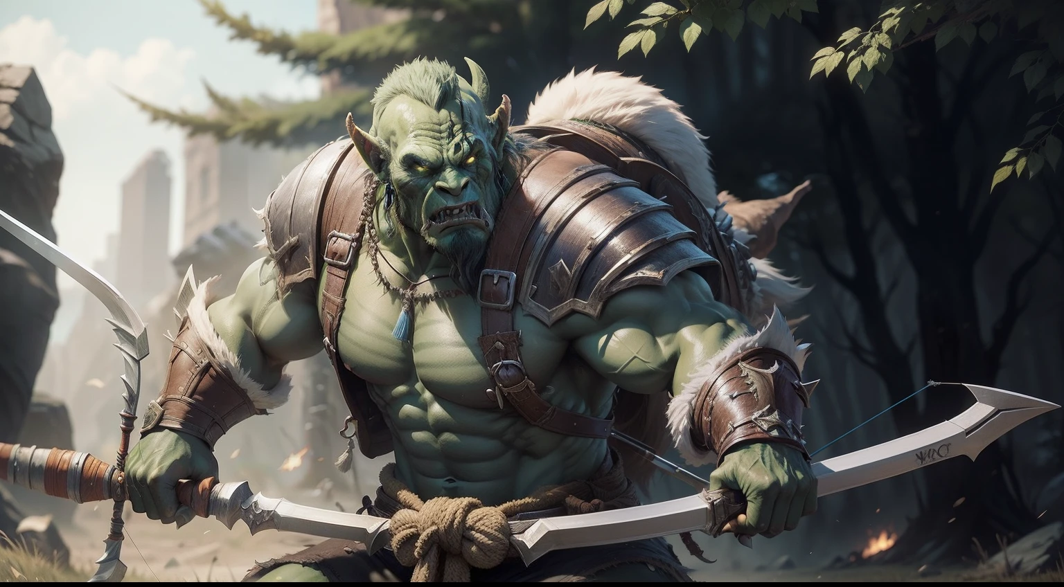 A huge orc emerges from the water of a river with a two-handed ax in his hand.