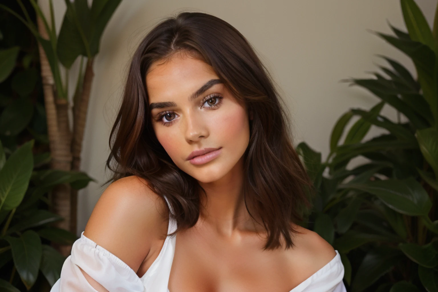 (Jewellry:1.3), very warm colors, tan skin, beautiful brunette, (high detailed face), (high detailed skin texture), (high detailed hair), (high detailed eyes), brown eyes, (long straigh dark hair), 1 girl, 20 years old, brown skin, face thin nose, photography, ultra-realistic, 8k, backlit, white crop top, perfect teeth, fit girl, bottom-up view, shiny hair,  ((perfect hands)), (drink in restaurant)