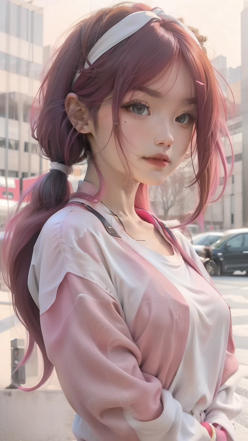 1girl,makima,White shirt,Long hair,pink hair,realistic,ultra detail,70mm lens