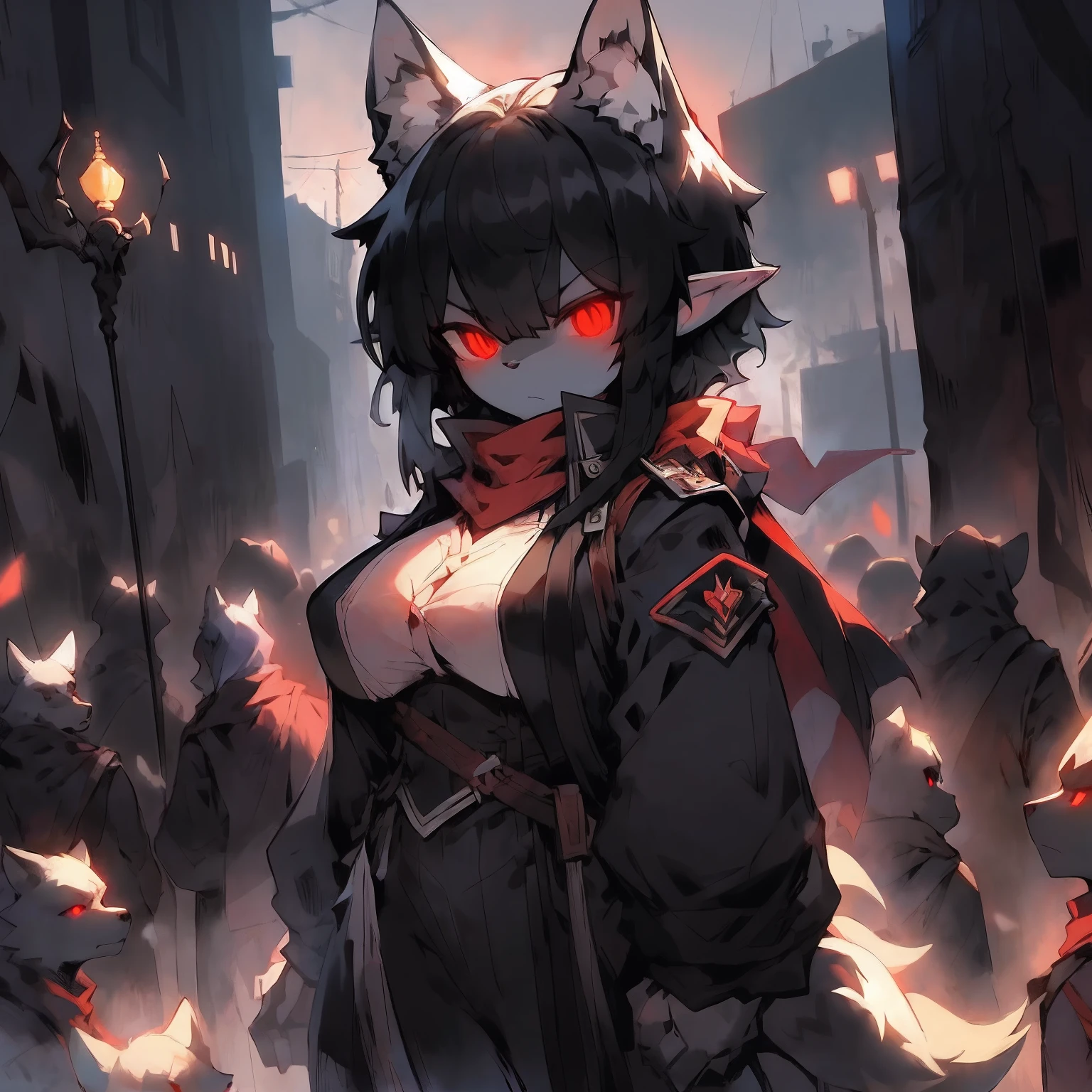 Gray Wolf Girl, Black color hair, in a soldier uniform, holding black sword, Background with:废墟, Gray sky, Multiple tails, There are other figures in the distance, Dilapidated buildings, Black hair, lone nape hair, Hair scarf, bangs, hair pulled back, Shiny hair, constricted pupil, Glowing eyes, Pupil of the slit, Hollow eyes, Red eyes, Wolf ears, long and pointed ears, Serious, Determined, From below, projected inset, stereograms, shadowing, High detail, anime big breast, ccurate, Best quality, Anatomically correct