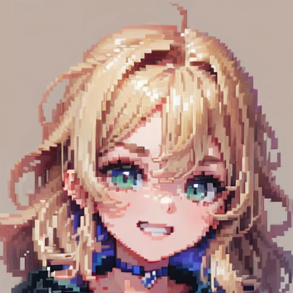 ((The style of pixel art)), pix, 4-bit pixel art, 1girll, Close-up, Face only, Beige hair, Blonde hair, Green eyes, grin, choker necklace, Loose hoodie, Hoodie print, Black hoodie, Big hair, Big hair, Wavy hair, Very long hair, Pixel official art, absurd res, view the viewer, solofocus, Dynamic Angle, Head tilt, Simple background, Gray background, Ultra-fine pixel art