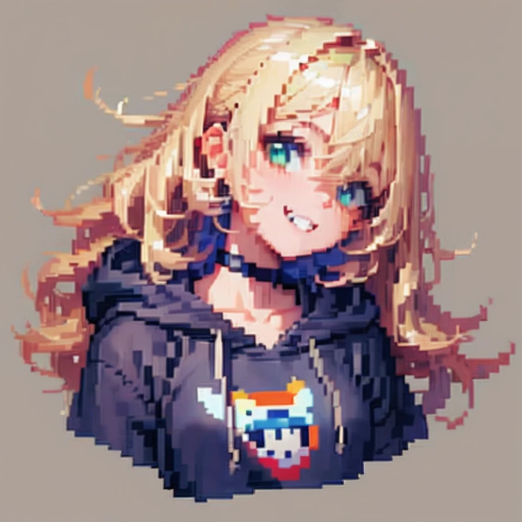 ((The style of pixel art)), pix, 4-bit pixel art, 1girll, Close-up, Face only, Beige hair, Blonde hair, Green eyes, grin, choker necklace, Loose hoodie, Hoodie print, Black hoodie, Big hair, Big hair, Wavy hair, Very long hair, Pixel official art, absurd res, view the viewer, solofocus, Dynamic Angle, Head tilt, Simple background, Gray background, Ultra-fine pixel art