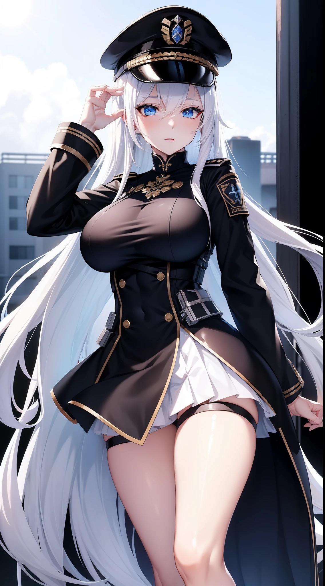 HD, high resolution, anime, waifu, a black closeup of a woman in uniform with hat, frontline girl, huge boobs, Azur runway style, fine details, blue eyes frontline girls, frontline style girls front, white haired deity, Azur Lane characters, big breasts, From the Azur Lane video game, Frontline girls, inspired by Li Chevalier, white hair, long hair, frontline girls, black outfit, Universe Girls Frontline, of arknights, blue eyes, black military hat, palace background, blue palace, blue sun background, bluish sun, fantasy scenery.