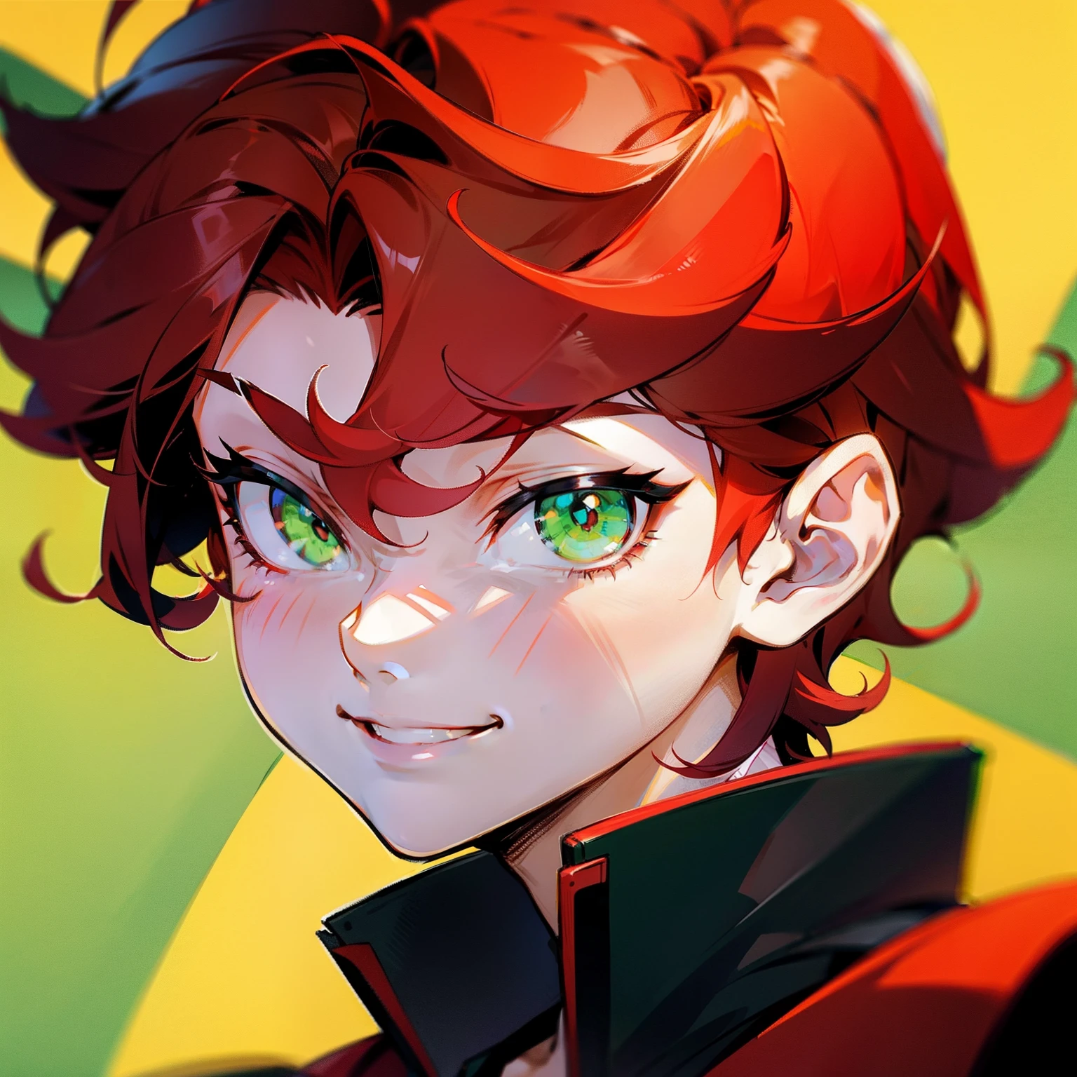 Boy with red hair and green eyes，Hair is slightly curled，Headshot，Lovely smile