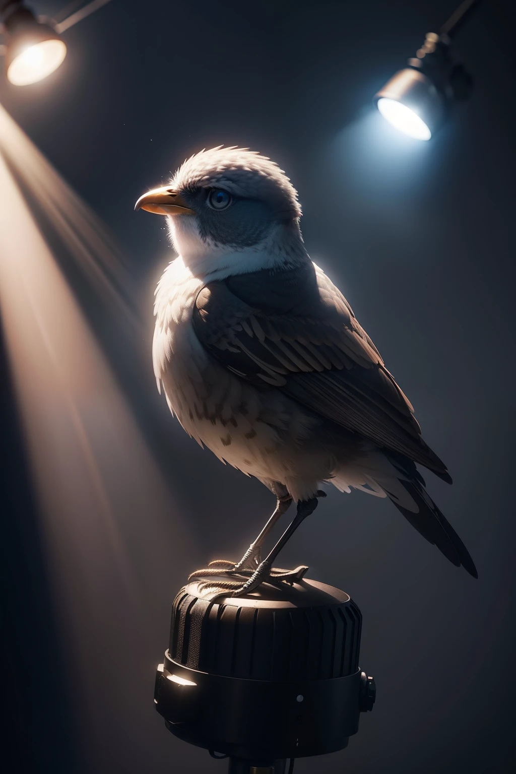 A scene illuminated by a spotlight，In the center is a singing bird，It's like explaining it for us in a movie。