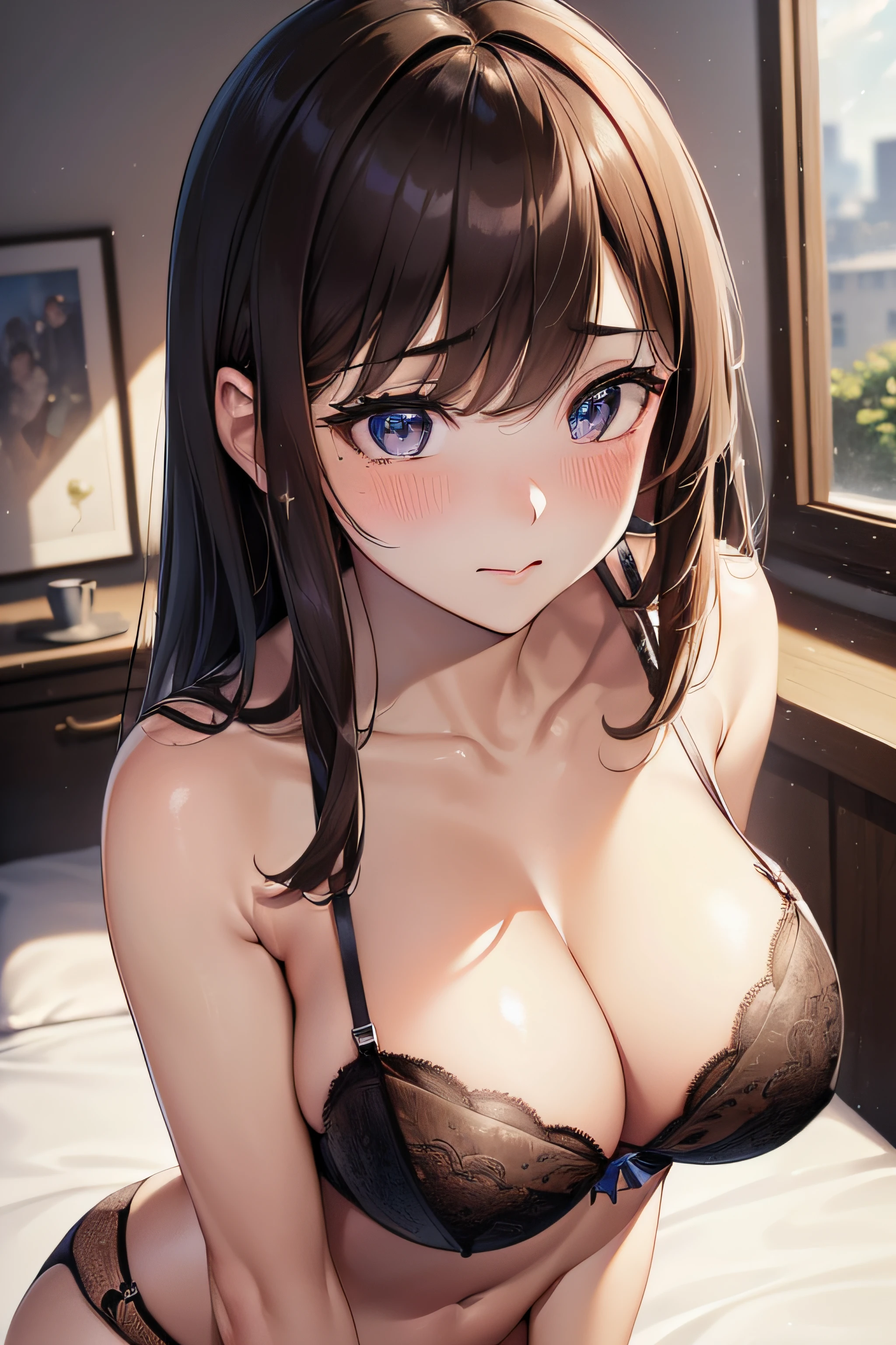 (((masterpiece, best quality, highres, UHD, perfect pixel, depth of field, 4k, RTX, HDR))), 1girl, single, solo, beautiful anime girl, beautiful artstyle, anime character, ((long hair, bangs, dark brown hair)), (((brown eyes:1.5, sparkling eyes))), ((beautiful eyes, detailed eyes, extremely detailed eyes, detailed face, blushing:1.2)), ((smooth texture:0.95, realistic:0.75)), ((medium breasts, cleavage)), indoor, bedroom, dynamic angle, busty, perfect body, dynamic pose, ((close up, POV, cowboy shot, portrait)), ((bra, lingerie)), natural light, looking at viewer