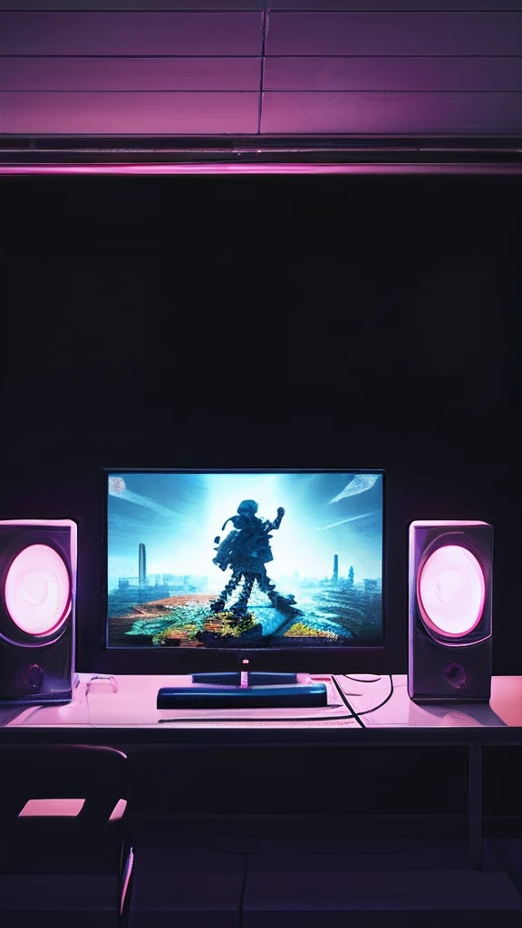(masterpiece), (best illustration),(no humans), anime background, gaming bedroom, television with large computer, ring lighting , rim lighting,(extremely detailed CG unity 8k wallpaper),(masterpiece), (best quality), (vaporwave style), (ultra-detailed), (best illustration),(best shadow),perfect lighting , perfect anatomy , vivid colors,