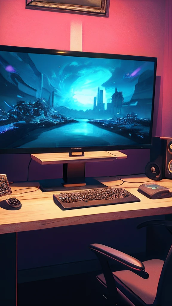 (masterpiece), (best illustration),(no humans), anime background, gaming bedroom, television with large computer, ring lighting , rim lighting,(extremely detailed CG unity 8k wallpaper),(masterpiece), (best quality), (vaporwave style), (ultra-detailed), (best illustration),(best shadow),perfect lighting , perfect anatomy , vivid colors,