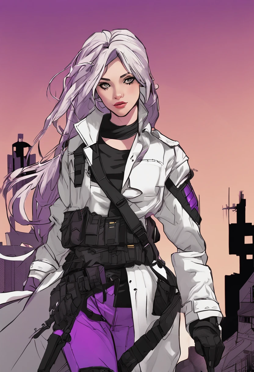 Two-dimensional woman,Long white silky hair,Bright purple pupils,White trench coat with black hard vest armor,A tactical belt hangs a black pocket,Black slim trousers with leggings,A pair of black tactical high-top boots