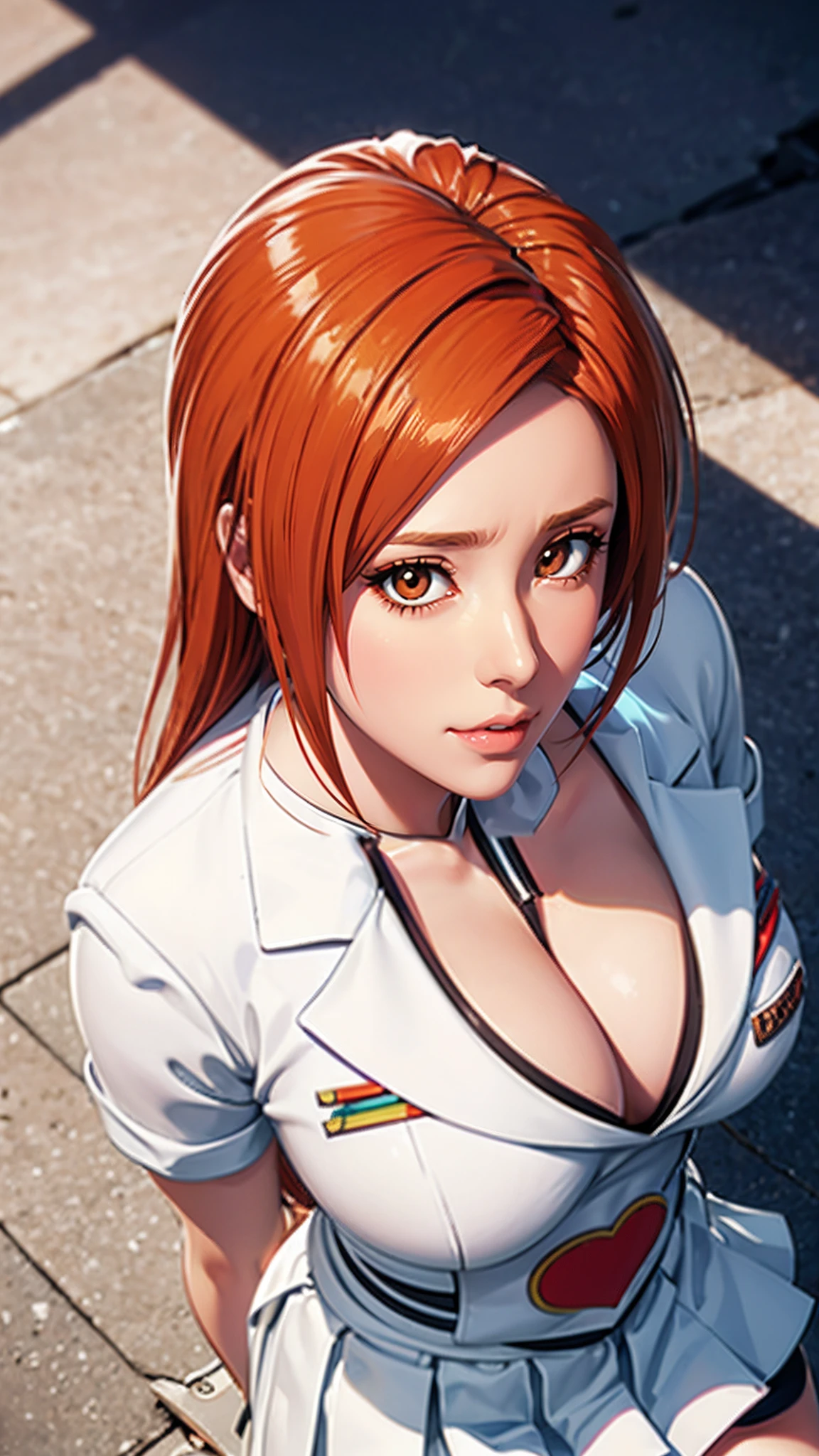 （（（Orihime,Orihime,inoueorihime, By bangs，Long hair， Orange hair, (Brown eyes:1.5),Light and shadow interlace，with brown eye， looking at viewert, There is light in the eyes，Orange hair，Hair decoration，laughingly，self-assured）））