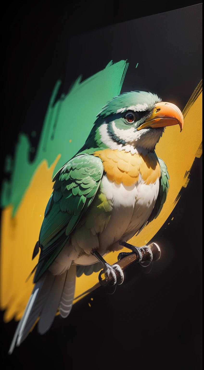 Drawing impressionist paintings with a bird's head, (looking forward) , Sober, (black backgrounds), UHD 8K, Very high quality for excellent printing. Lighting that emphasizes the picture in relation to the background, in green, Yellow and red,