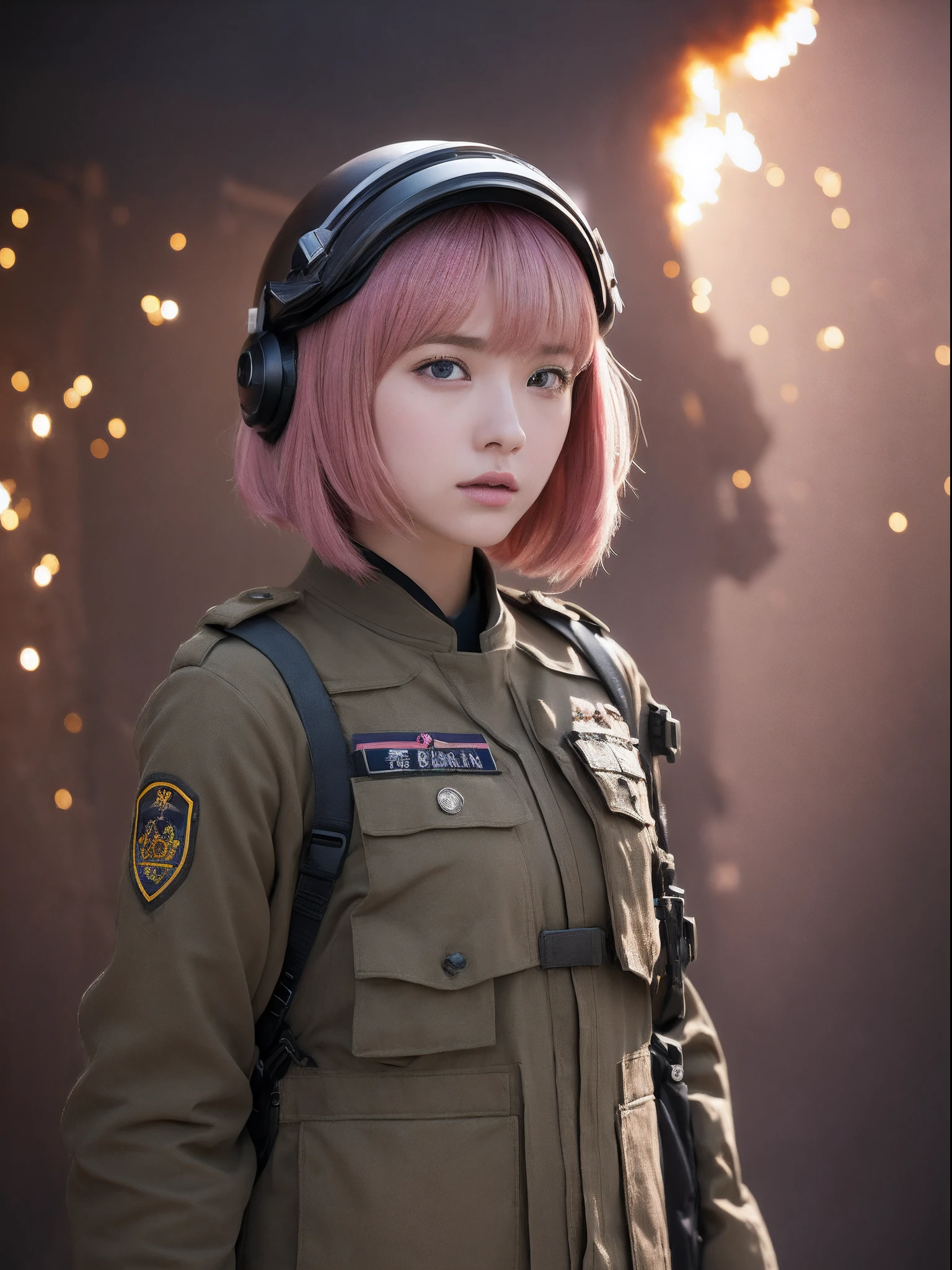 the Extremely Detailed CG Unity 8K Wallpapers、top-quality、ultra-detailliert、masterpiece、studio shoot、Full body portrait、(Soldier Uniforms:1.4, helmets), realisitic、Photo Real、extremely detailed cute girl、独奏、20yr old、japanes、Melancholy look, Battlefield scenery、(Against the background of explosions:1.5), Blonde and pink multicolored hair color, Long bob cut, thick bangs、out of focus、blur、