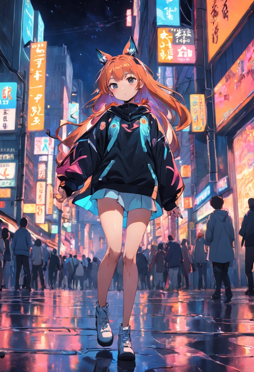 Girl in Psy-FY clothes in the city at night
