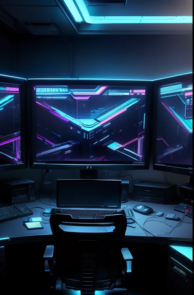 A dimly lit computer lab，There are a lot of monitors and a keyboard, cyber punk setting, Cyberpunk configuration, cyber led neon lighting, cyber space, cyberpunk with neon lighting, cyber neon lights, in a cyberpunk themed room, Indoor cyberpunk, gamer screen on metallic desk, cyber aesthetic, Cybernetic style, sci-fi computer, Cyber background, Network installation, console and computer