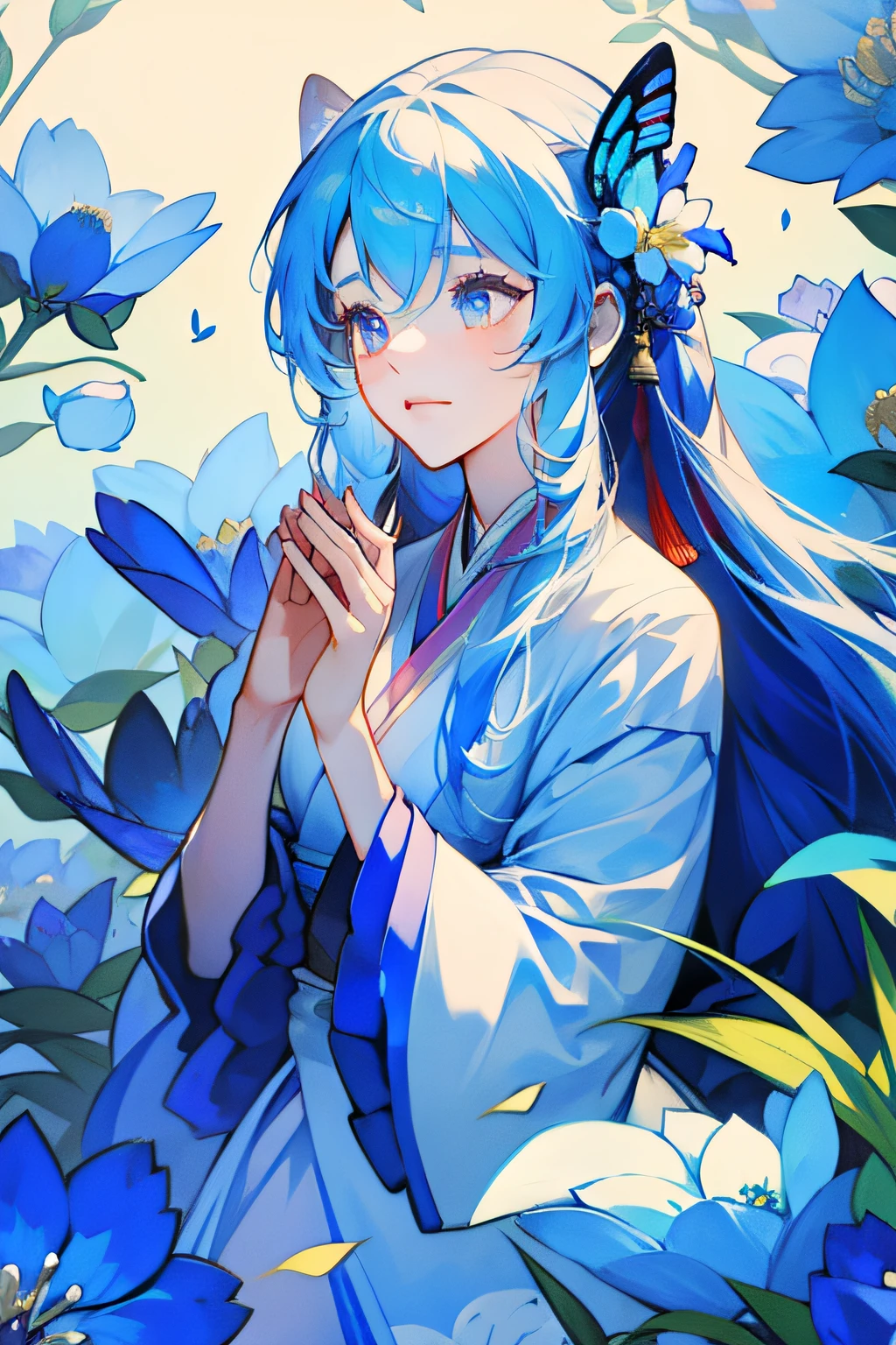 The girl in Hanfu sits among the flowers,Keep your hands together,DOA,Flower butterflies fly,blue colors,a sense of atmosphere,gentleness
