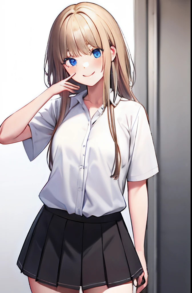 Masterpiece, Best quality, High definition, KR1, Blue eyes, Smile,bangs, White shirt, Black skirt, Stand with finger, Pleated skirt, Socks, small tits, Blonde, Cowboy shot,