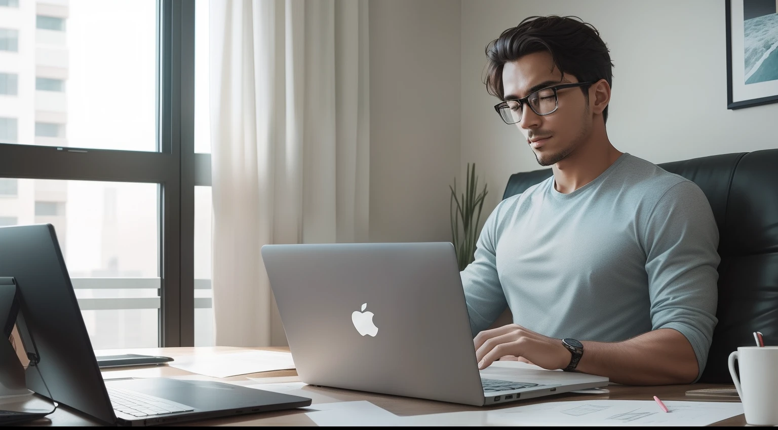 Generate an image that captures the essence of a person simultaneously embracing laziness and productivity, symbolizing a moment of leisure coexisting with the pursuit of success