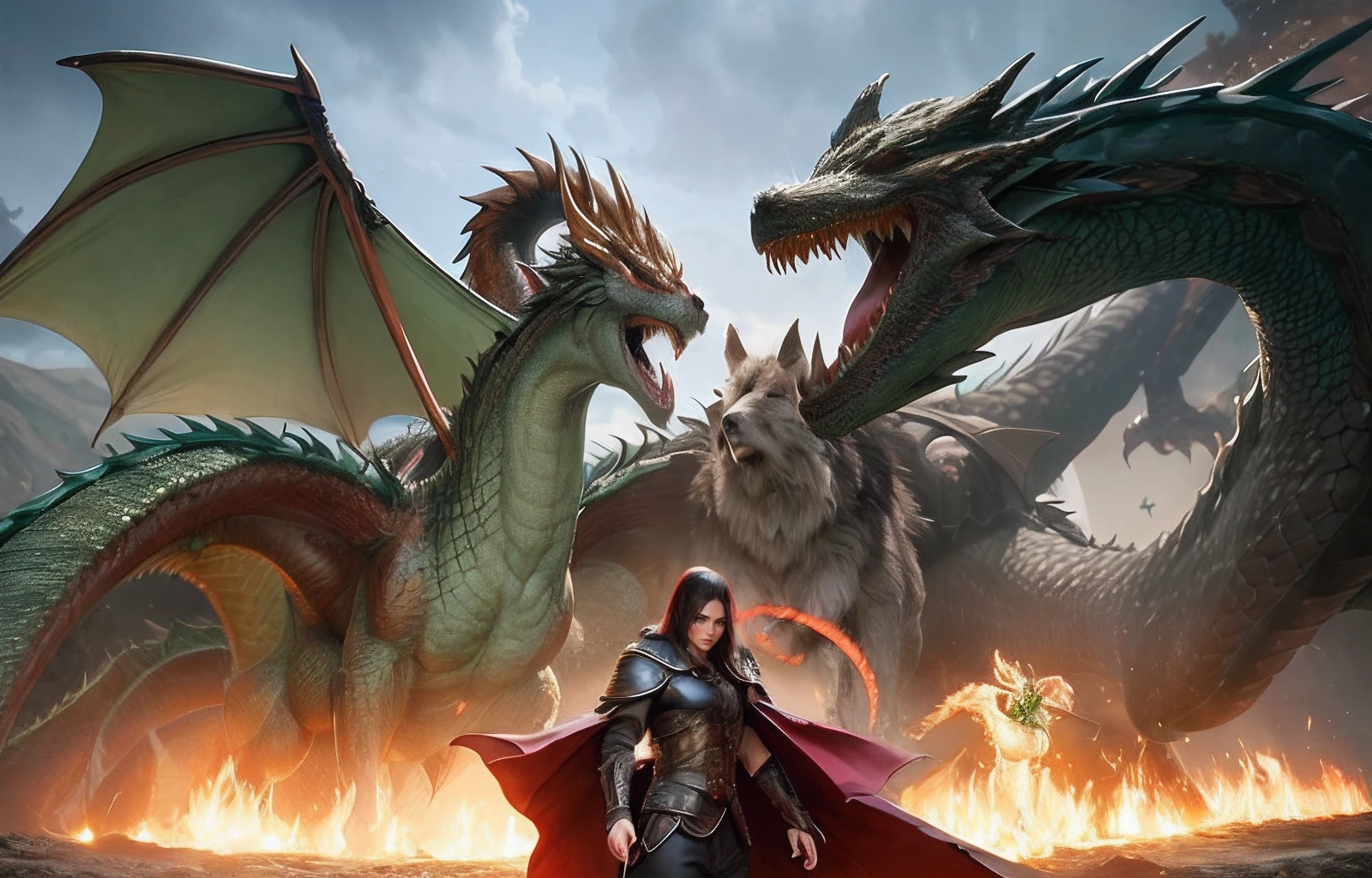 a group of four male heroes, a rogue, a mage, a warrior and a backpacker, battling a green dragon in a fantasy world, anime style, highly detailed, hyper realistic, 8k, masterpiece, dramatic lighting, vibrant colors, intricate background, powerful poses