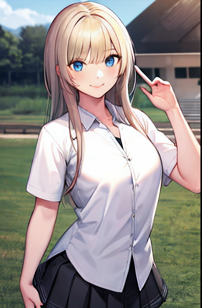 Masterpiece, Best quality, High definition, KR1, Blue eyes, Smile,bangs, White shirt, Black skirt, Stand with finger, Pleated skirt, Socks, small tits, Blonde, Cowboy shot,