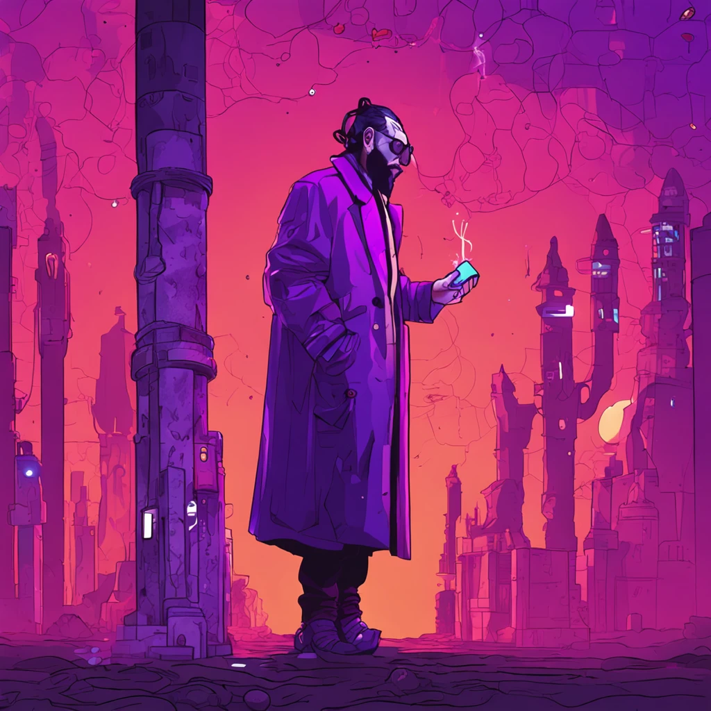 Pixel alchemist hue_The man in purple held the potion smoke_Deep purple beautiful modern fashion icon unique coat glasses,There are elements of eggplant