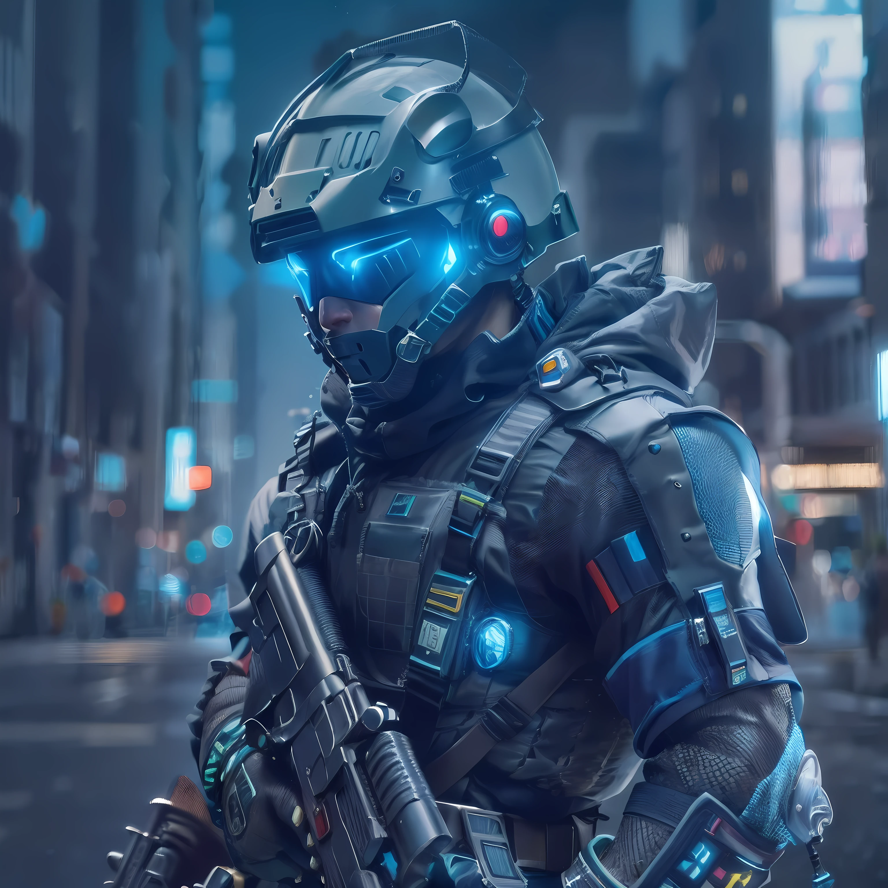 Futuristic male military commander,A fantastic one ((Square mesh helmet head with blue light)) and a pair of mechanical feet,( Wear armbands:1.6),Use a pair ((Iron gray gloves)), no shoe, garbed in ((Frog gray suit)), Stand in Cyberpunk City, holding gun, holding gun, rifle, hand gun, assault rifle, Wear EP tactics, sface focus, hyper HD, anatomically correcte, Best quality, Master parts, Full body panel