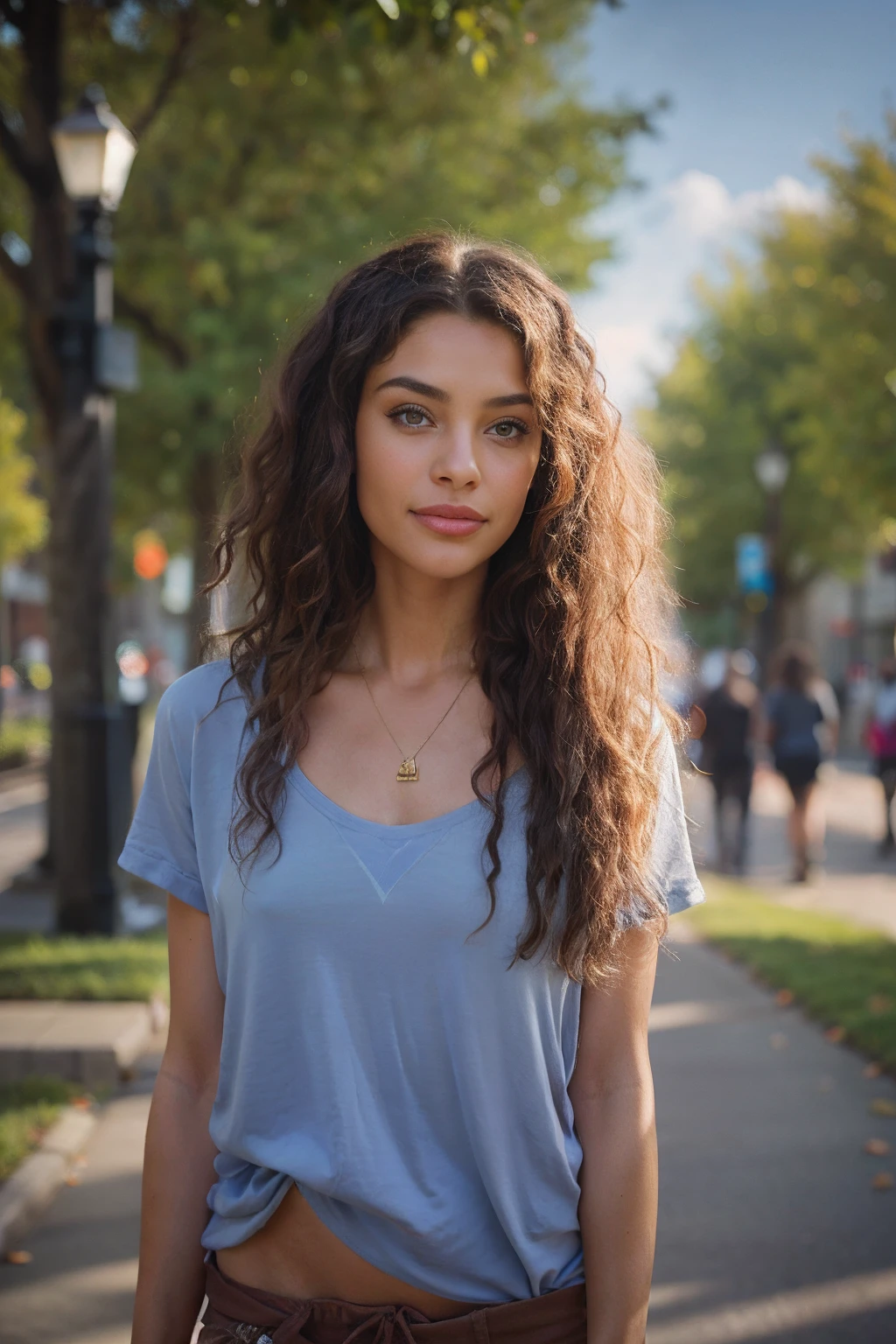 An urban adult female with a messy layered bob of long and curly brown hair, warm brown eyes reflecting compassion and kindness. Her self-assured demeanor and graceful figure exude elegance as she stands before an impressive urban black hoodie and sweatpants . Clad in a sophisticated dark brown office frock and gladiator heels, she remains resolute in the face of an apocalyptic wind and weather. The photorealistic image captures her captivating presence amidst the chaos, and the sparkling eyes draw viewers into the compelling visual narrative of strength and determination , mixed race , smiling , looking away , 18 years old .