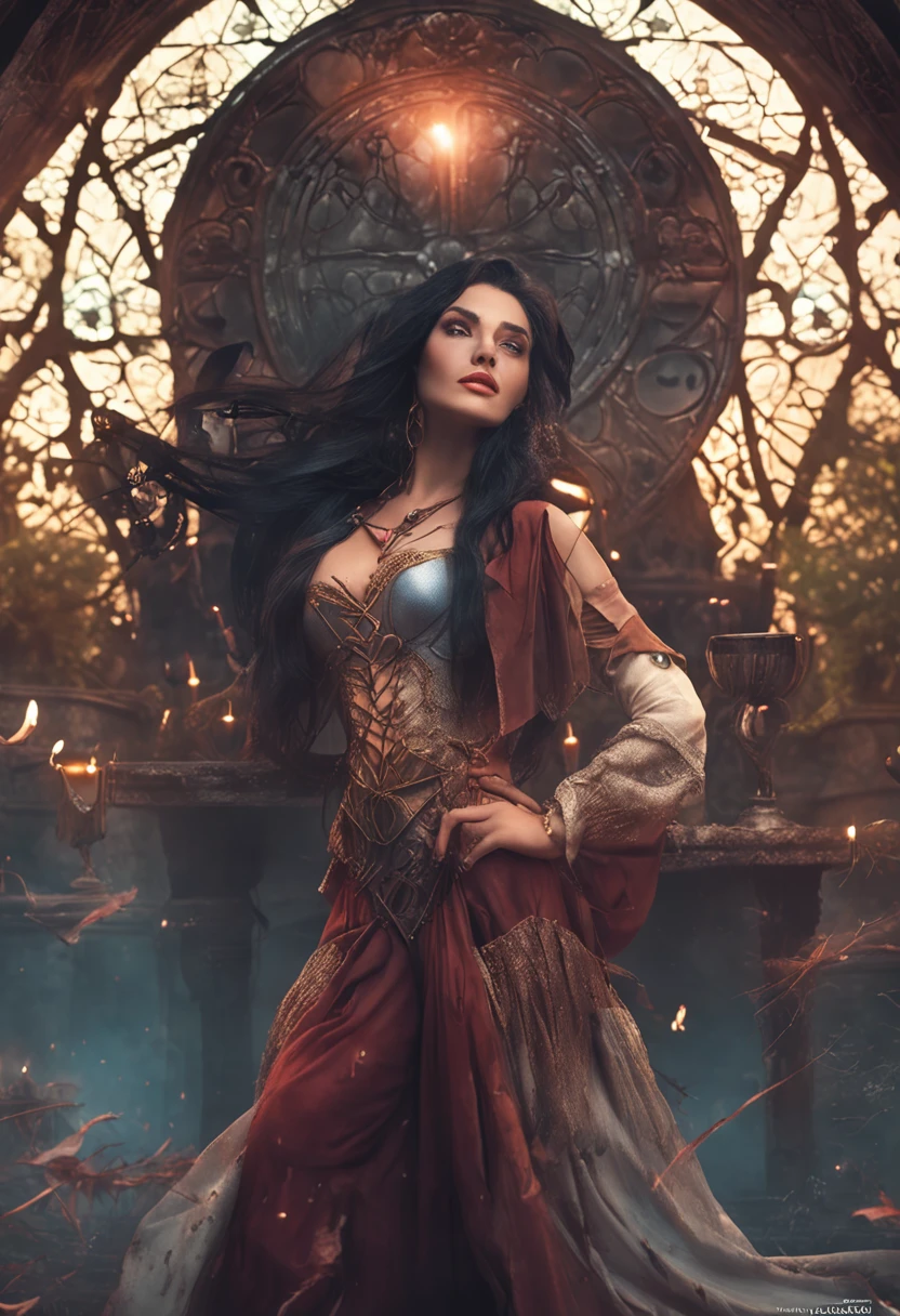 A mysterious seductive sorceress, with long black hair and piercing violet eyes, capable of manipulating the will of others with sweet words. She is mischievous, but also has a loving and kind heart. At her worktable, littered with flasks and potions, she helps those who deserve it with her spells. The atmosphere around you is charged with magic and mystery. With her exotic beauty, she uses her feminine skills to achieve her goals.
To capture this enchanting scene, a photographer would use an analogue camera, such as a Nikon F3, with high-sensitivity film to capture the subtle details. A soft focus lens would be used to create an ethereal atmosphere and a shallow depth of field effect. The photo would be taken in a dark environment, lit only by candles, highlighting the sorceress's magical aura.
Juxtaposing Artists: Salvador Dalí, Annie Leibovitz, Hieronymus Bosch