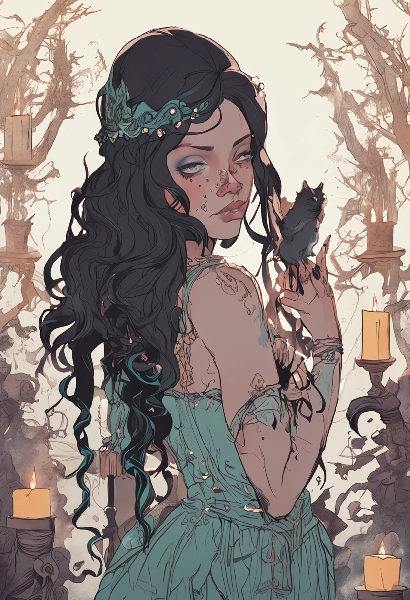 A mysterious seductive sorceress, with long black hair and piercing violet eyes, capable of manipulating the will of others with sweet words. She is mischievous, but also has a loving and kind heart. At her worktable, littered with flasks and potions, she helps those who deserve it with her spells. The atmosphere around you is charged with magic and mystery. With her exotic beauty, she uses her feminine skills to achieve her goals.

To capture this enchanting scene, a photographer would use an analogue camera, such as a Nikon F3, with high-sensitivity film to capture the subtle details. A soft focus lens would be used to create an ethereal atmosphere and a shallow depth of field effect. The photo would be taken in a dark environment, lit only by candles, highlighting the sorceress's magical aura.

Juxtaposing Artists: Salvador Dalí, Annie Leibovitz, Hieronymus Bosch