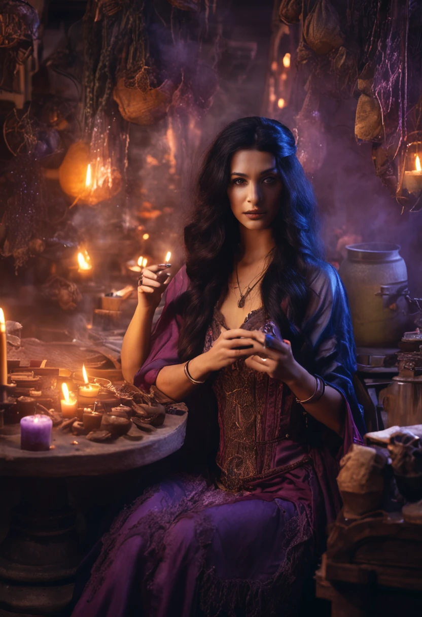 A mysterious seductive sorceress, with long black hair and piercing violet eyes, capable of manipulating the will of others with sweet words. She is mischievous, but also has a loving and kind heart. At her worktable, littered with flasks and potions, she helps those who deserve it with her spells. The atmosphere around you is charged with magic and mystery. With her exotic beauty, she uses her feminine skills to achieve her goals.
To capture this enchanting scene, a photographer would use an analogue camera, such as a Nikon F3, with high-sensitivity film to capture the subtle details. A soft focus lens would be used to create an ethereal atmosphere and a shallow depth of field effect. The photo would be taken in a dark environment, lit only by candles, highlighting the sorceress's magical aura.
Juxtaposing Artists: Salvador Dalí, Annie Leibovitz, Hieronymus Bosch