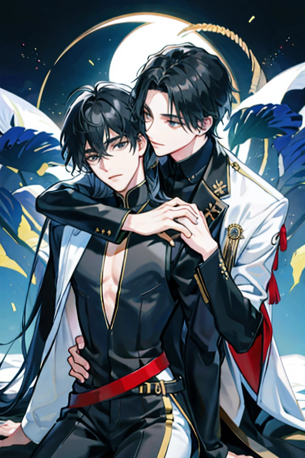 colorful, masterpiece, high quality, sharped, auto focus, looking at another, ((2male)),( gay male,yaoi male), handsome brothers, hollow eyes, ruby shaped pupils, glowing eyes, evil smile, male face,male hair, pixie cut, hair over eyes, hair between eyes,(oldier commander uniform clothes), cinematic, best shadow