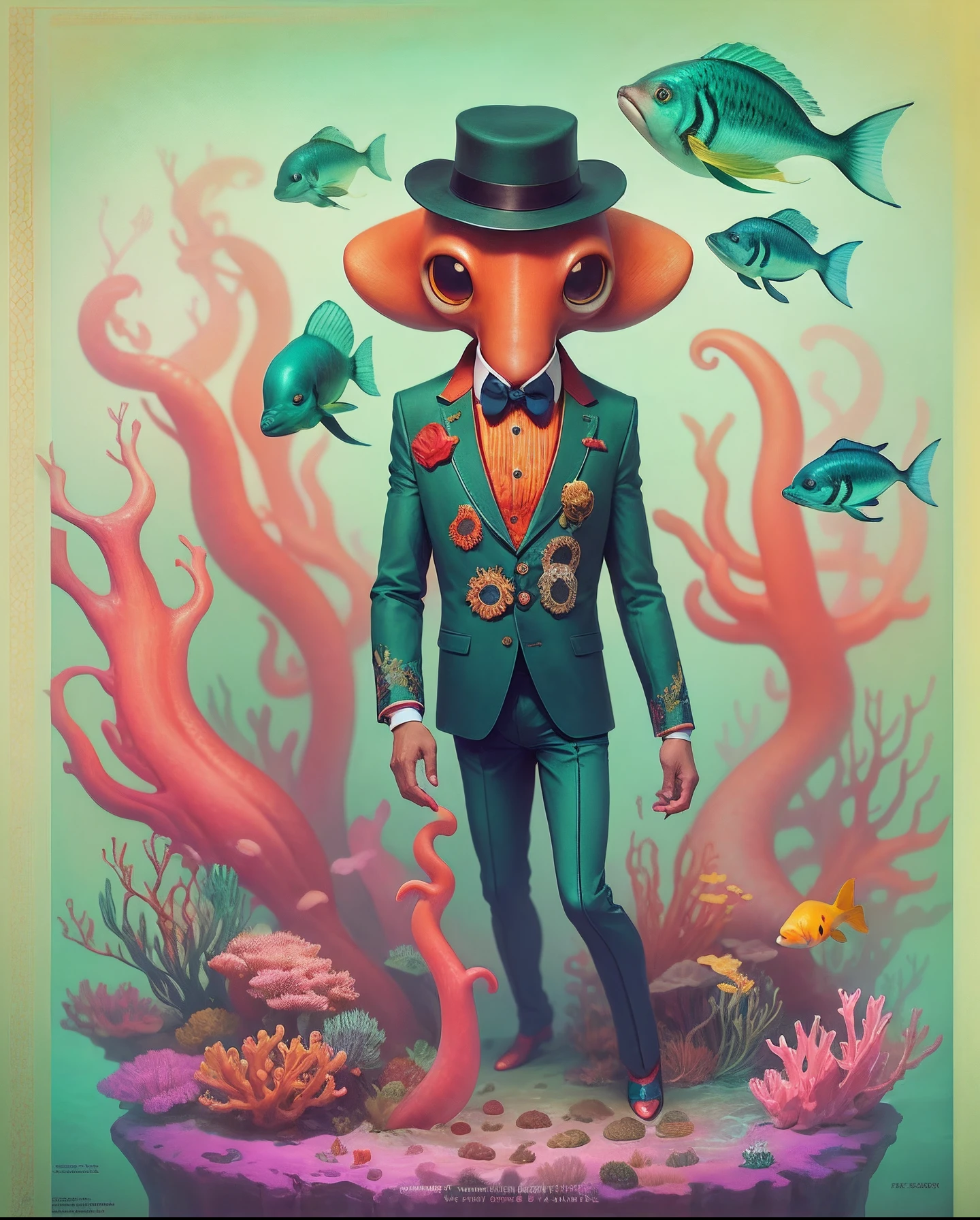 Craft an intriguing magazine cover featuring an unexpected marine animal, a suave octopus, impeccably dressed in a fashionable underwater tuxedo, surrounded by vibrant coral reefs and colorful fish, an atmosphere of aquatic elegance and charm, Digital art, Adobe Photoshop with a Wacom tablet