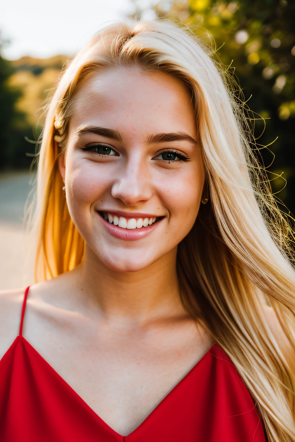 RAW photo, face portrait photo of beautiful 20 y.o blond woman, cute face, wearing red dress, happy face, hard shadows, cinematic shot, dramatic lighting
