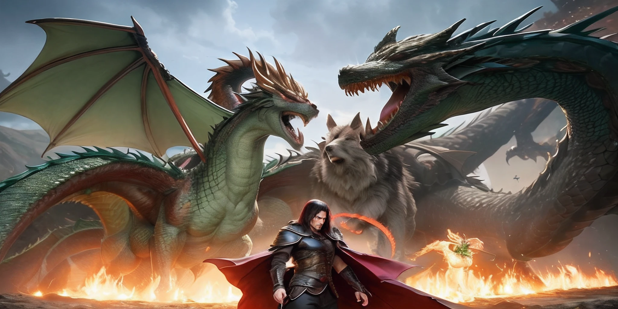 Arafed image of a man standing in front of a dragon, Hiper-realista D & d fantasy art, Dungeons and Dragons Arte de fantasia, d & D Arte Digital Fantasia, battle with dragon, dungeons and dragons art, Arte de Dungeons and Dragons, dragon in the background, d & d fantasy art, d & d fantasia pintura digital, arte do jogo de RPG