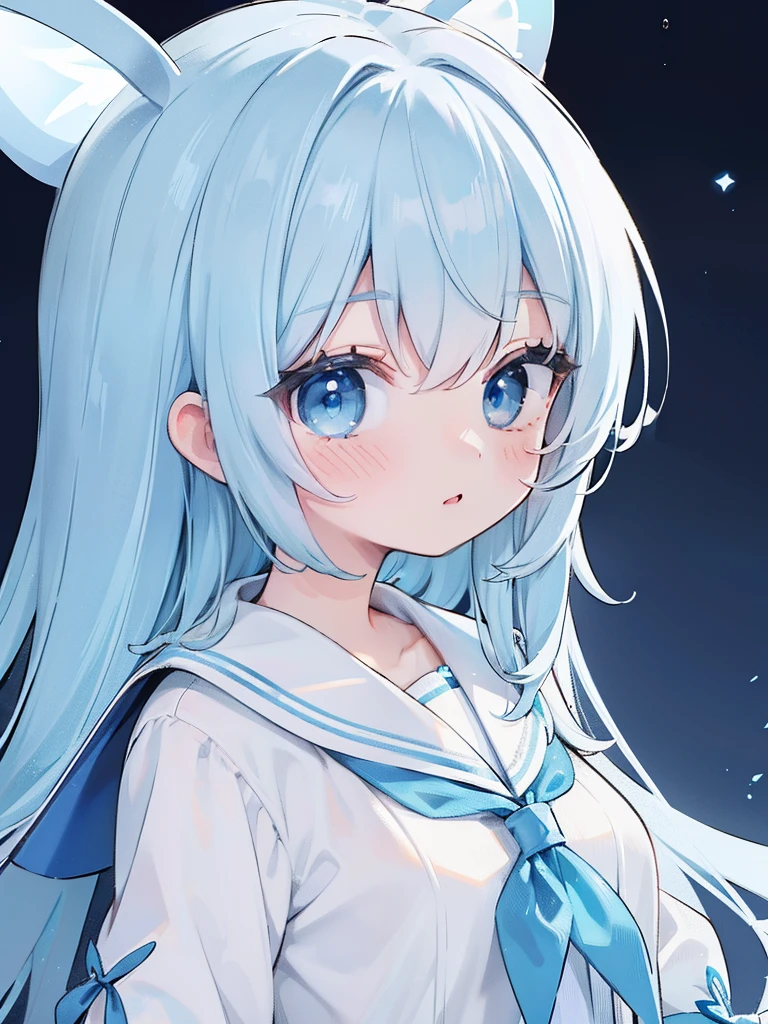 Extremely detailed CG unified 8K wallpaper, very fine 8KCG wallpaper, absurderes,Lori ,Best quality ,ultra - detailed ,Beautiful face ,tmasterpiece、Head-to-waist display、A girl stands、top-quality(tmasterpiece), top-quality, 1girl in, lightblue hair、twosideup、Light blue sailor suit and light blue cardigan、Light blue ribbon、light blue eyes、kawaii