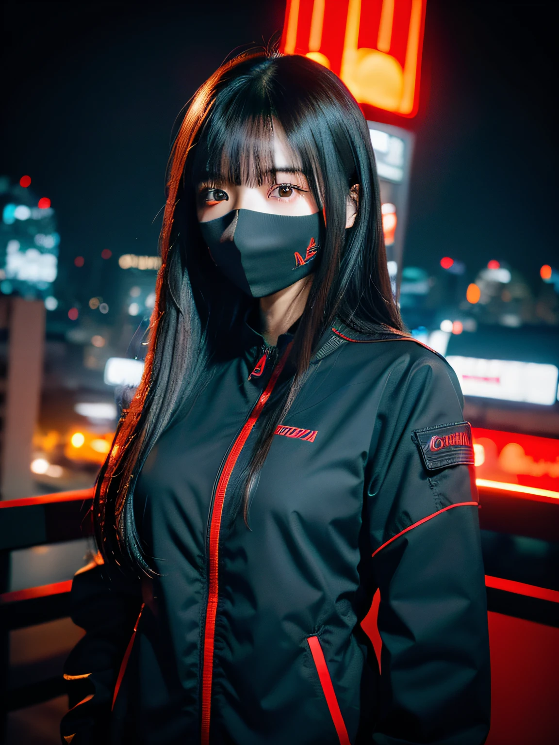 solo, techwear jacket, techwear mask, beautiful girl, beautiful face, night time, cityscape, cinematic lighting, motion blur, wide shot, high details, masterpiece, best quality, soft lighting, candid, long hair blunt bangs, low red light hit the face, film grain, sheath katana, full body shot, blue and red led light around model