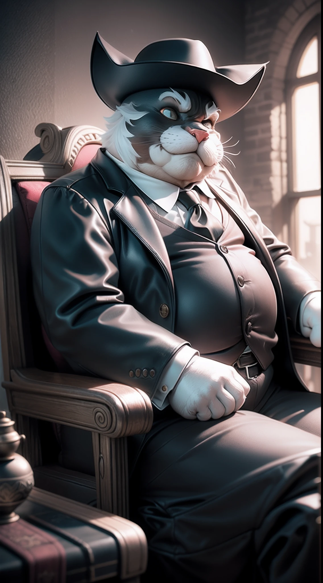 Old fat godfather mafia tomcat sitting in leather armchair, 3D video rendering, pixar character
