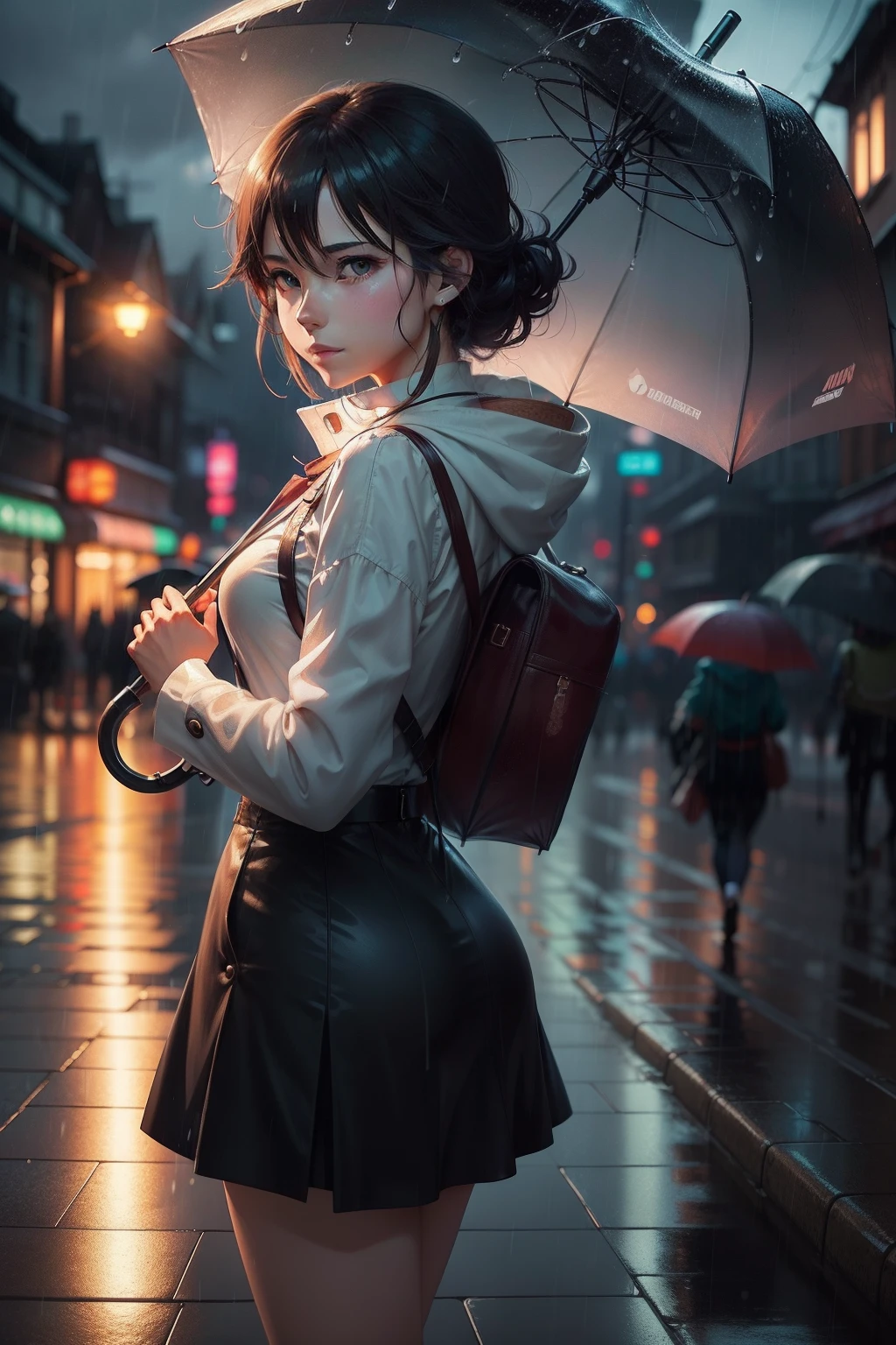 Woman holding umbrella in rain, Facing backwards, Super details of grief. anime image. by makoto shinkai, anime art wallpaper 4k, anime art wallpaper 4k, Anime art wallpaper 8k, anime wallpaper 4k, anime wallpaper 4k, 4K Anime Wallpapers, Anime Sky, amazing wallpapers, anime backgrounds, Anime Background Art