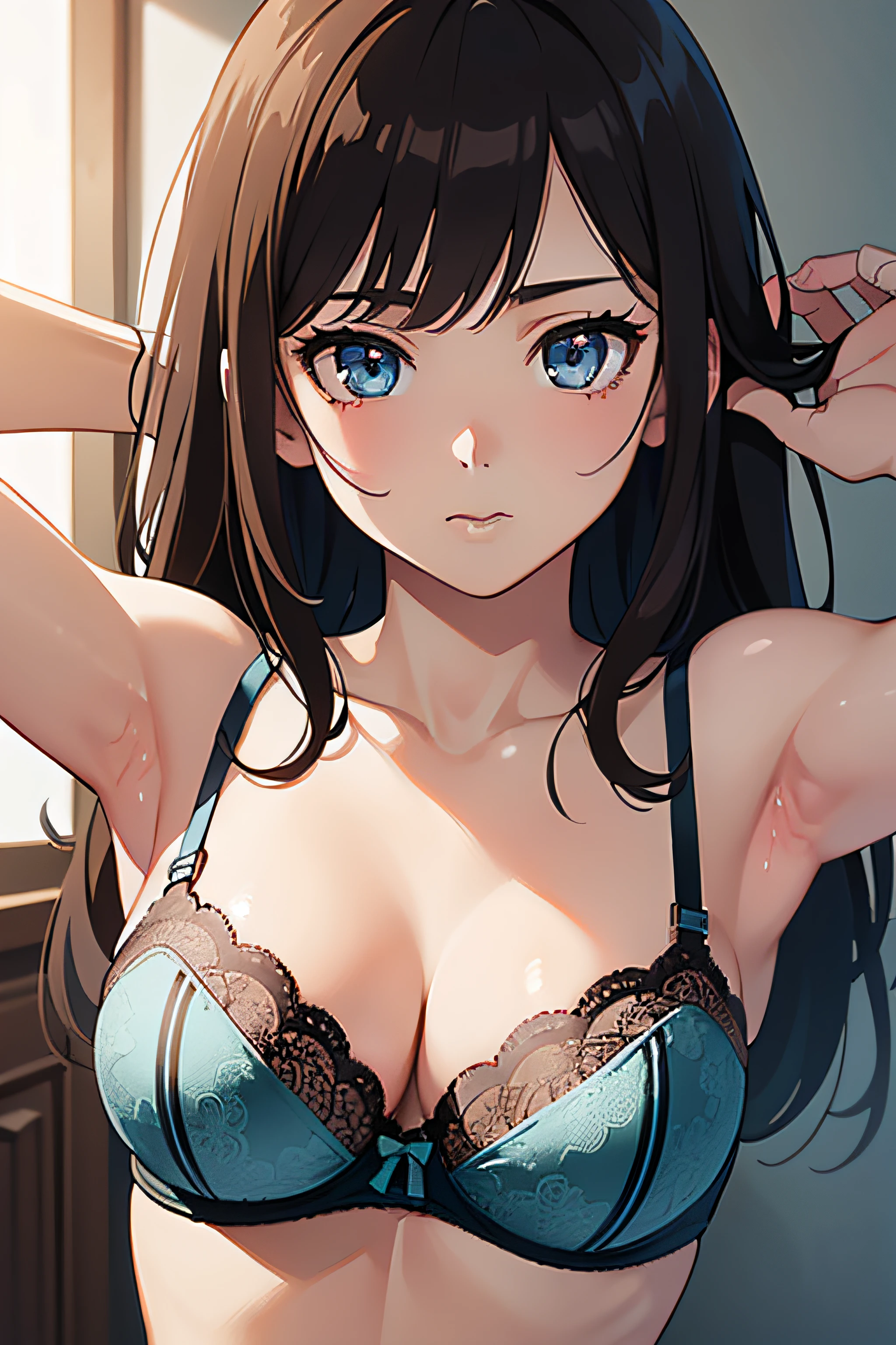 (((masterpiece, best quality, highres, UHD, perfect pixel, depth of field, 4k, RTX, HDR))), 1girl, single, solo, beautiful anime girl, beautiful artstyle, anime character, ((long hair, bangs, dark brown hair)), brown eyes, sparkling eyes, ((beautiful eyes, detailed eyes, extremely detailed eyes, detailed face, blushing:1.2)), ((smooth texture:0.75, realistic texture:0.5, anime CG style)), ((medium breasts, cleavage)), indoor, bedroom, dynamic angle, busty, perfect body, dynamic pose, armpit, hands up, ((close up, POV)), ((bra, lingerie)), natural light, looking at viewer