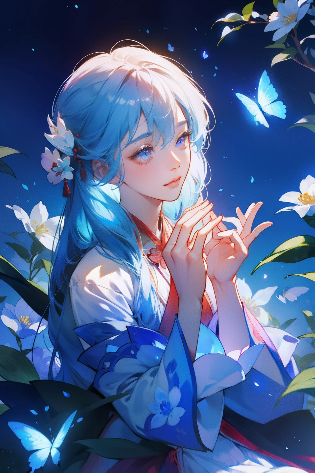 The girl in Hanfu sits among the flowers，Keep your hands together，DOA，Flower butterflies fly，blue colors，a sense of atmosphere，gentleness