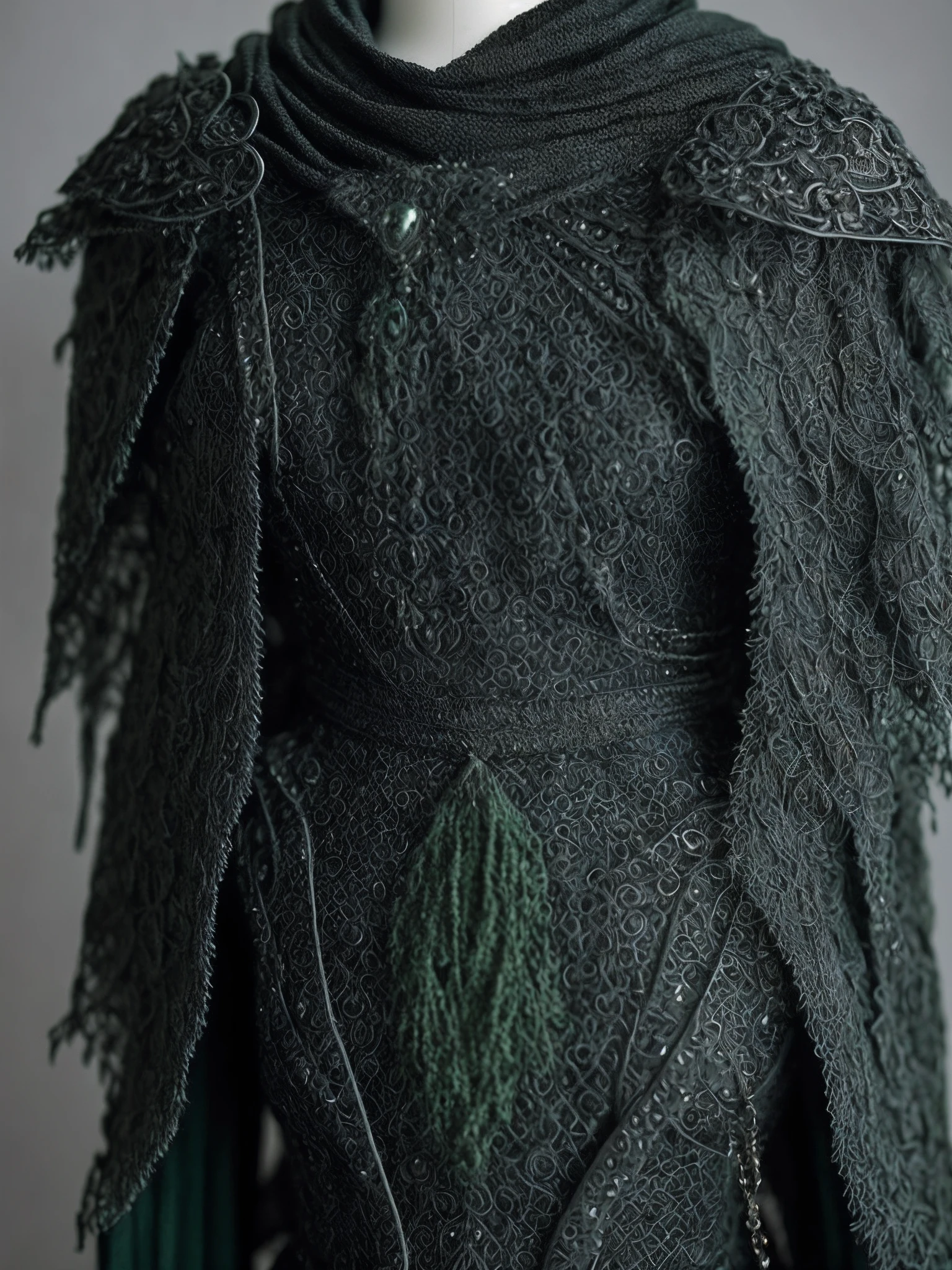 black scaly chain mail, Armor dress, mantle, shroud, a scarf, gown, cloak, breastplate, Nature, green bone, embroidered tooling, High Details, Druid, Fantasy Skin, embossing, weathered stitching, Magic Item, Simple White Background, 5e Artwork, painting by Alejandro Burdisio and Miyazaki