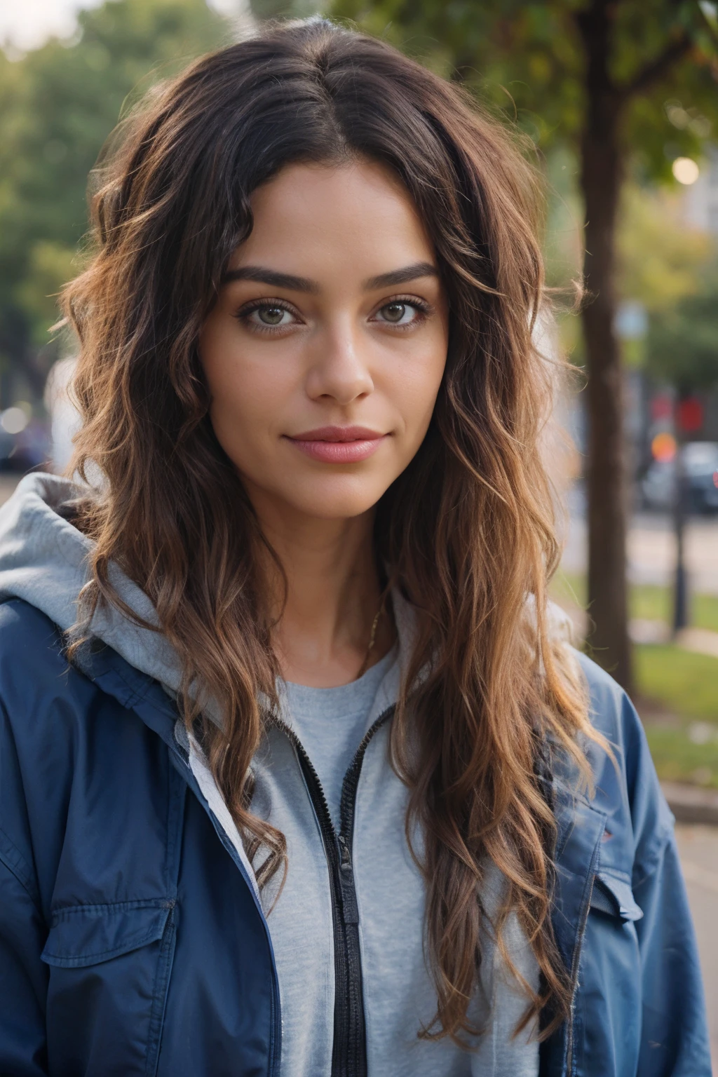 An urban adult female with a messy layered bob of long and curly brown hair, warm brown eyes reflecting compassion and kindness. Her self-assured demeanor and graceful figure exude elegance as she stands before an impressive urban black hoodie and sweatpants . Clad in a sophisticated dark brown office frock and gladiator heels, she remains resolute in the face of an apocalyptic wind and weather. The photorealistic image captures her captivating presence amidst the chaos, and the sparkling eyes draw viewers into the compelling visual narrative of strength and determination , mixed race , smiling , looking away , 18 years old .