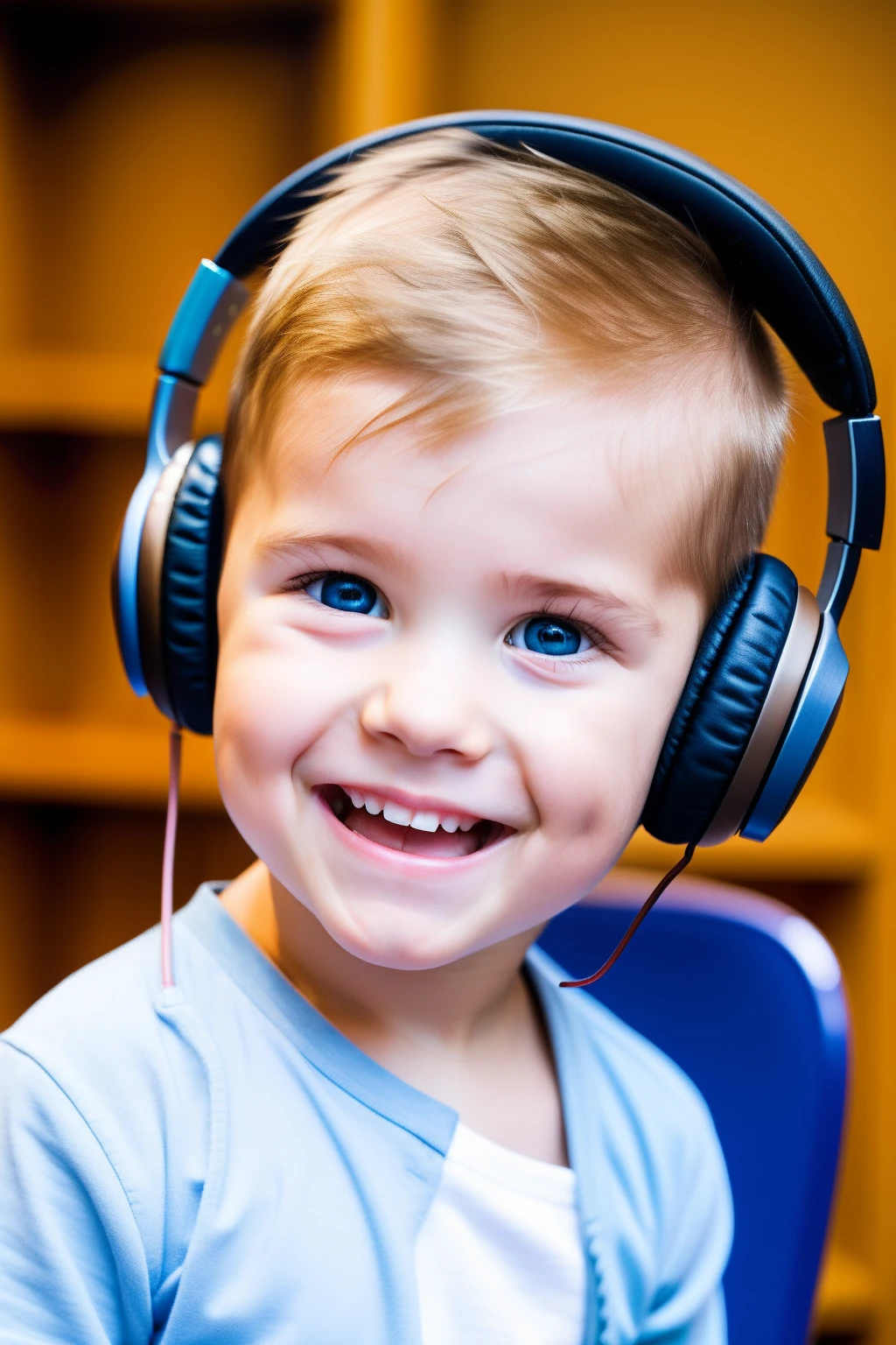 Foreigners wearing headphones　male 　study　Smiled　Laughing　cute little　bule　　a blond　Face up